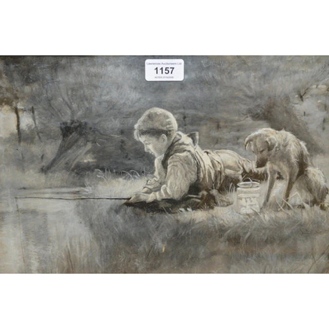 G. H. Jupp, monochrome watercolour, a boy and dog fishing fr...