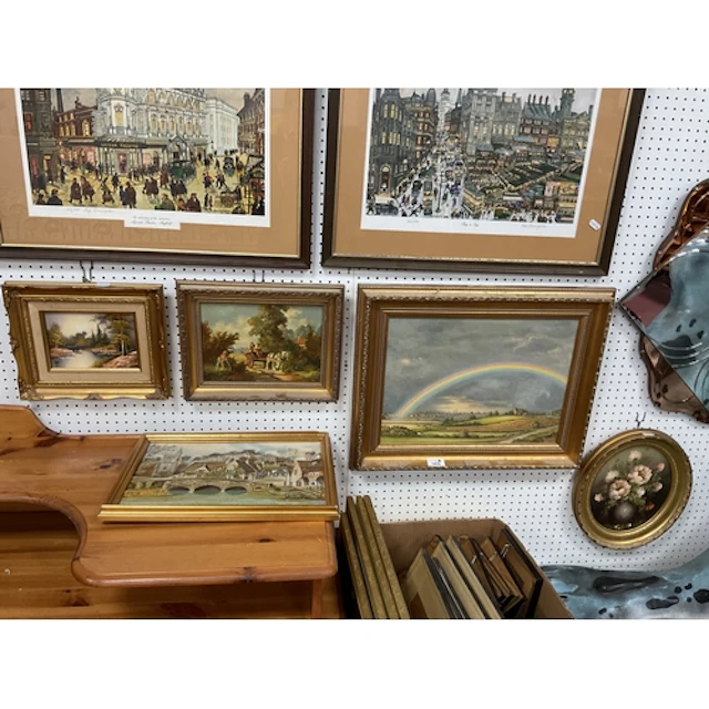 Five framed oil paintings, including Leonard G. Stephens F.R...