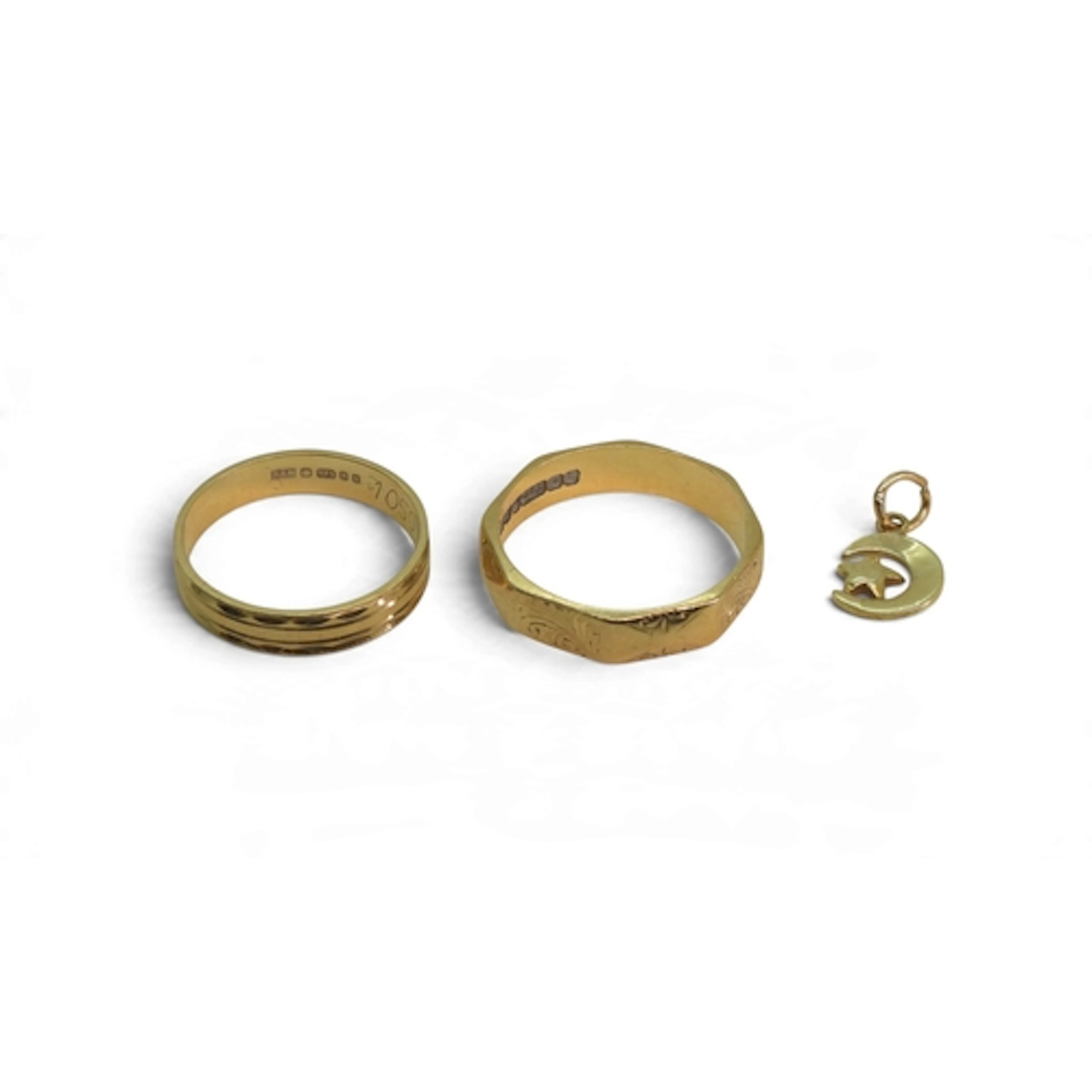 Two 9ct gold wedding rings, engraved size N, octagonal shape...