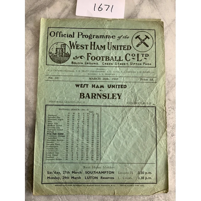 36/37 West Ham v Barnsley Football Programme: Good condition...