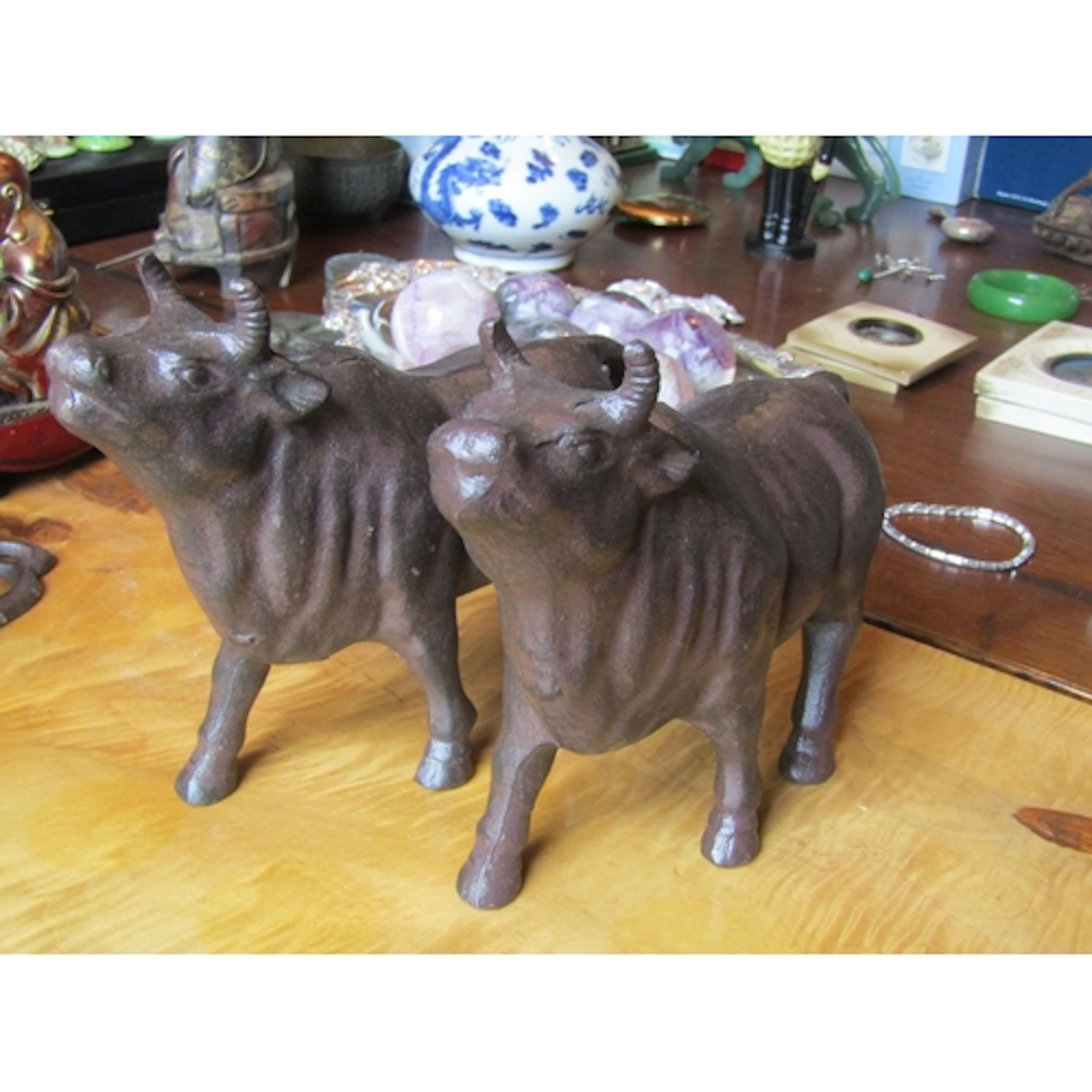 Pair of Cast Metal Sculptures of Bulls Each Approximately 9 ...