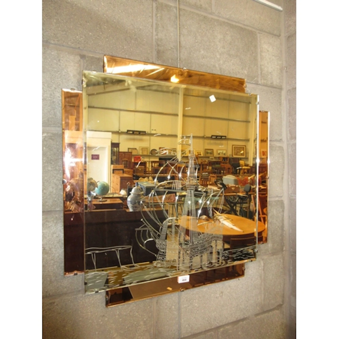 Art Deco Amber Tinted Border and Galleon Decorated Wall Mirr...
