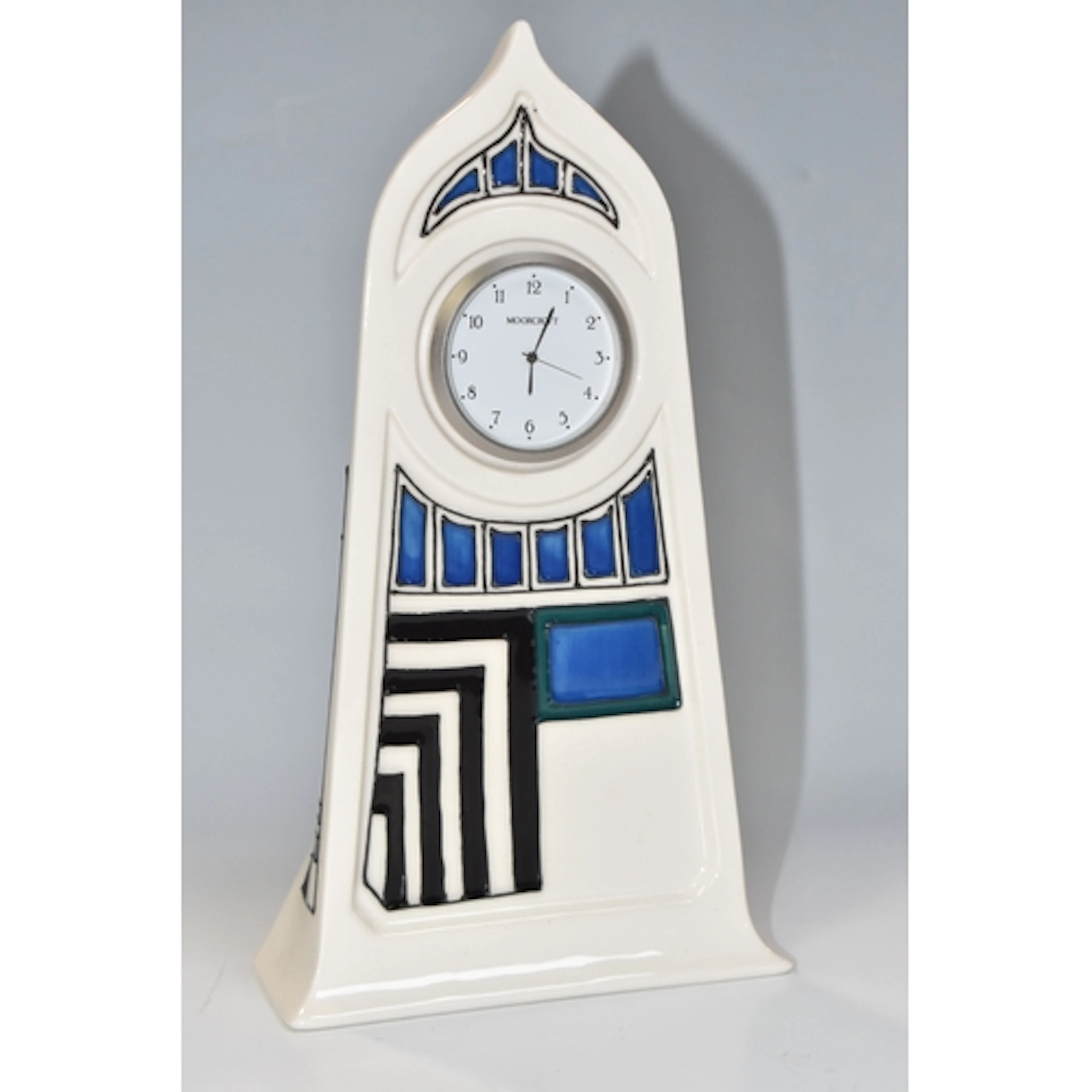 A MOORCROFT POTTERY 'MODERNITY' MANTEL CLOCK, of architectur...