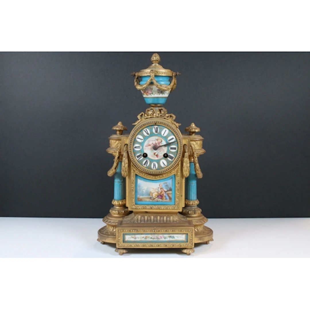 19th century French ormulu and porcelain mantel clock, havin...