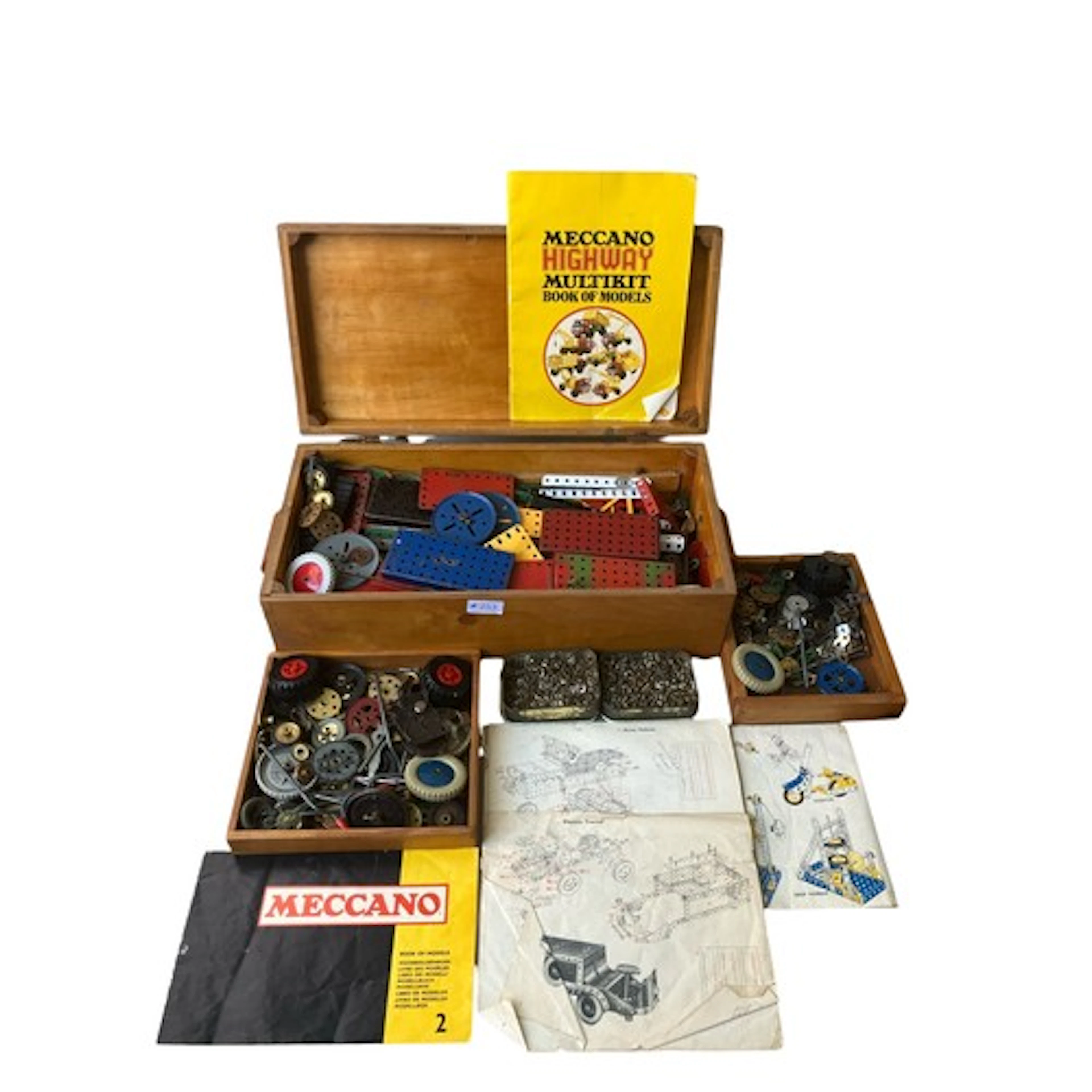 Quantity of vintage Meccano in a wooden storage box
