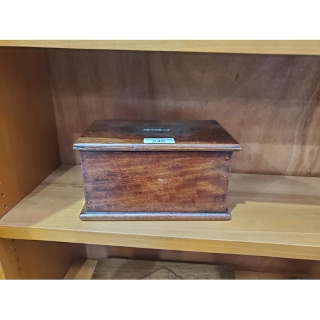 A 19th century mahogany Money Box with brass escutcheon engr...