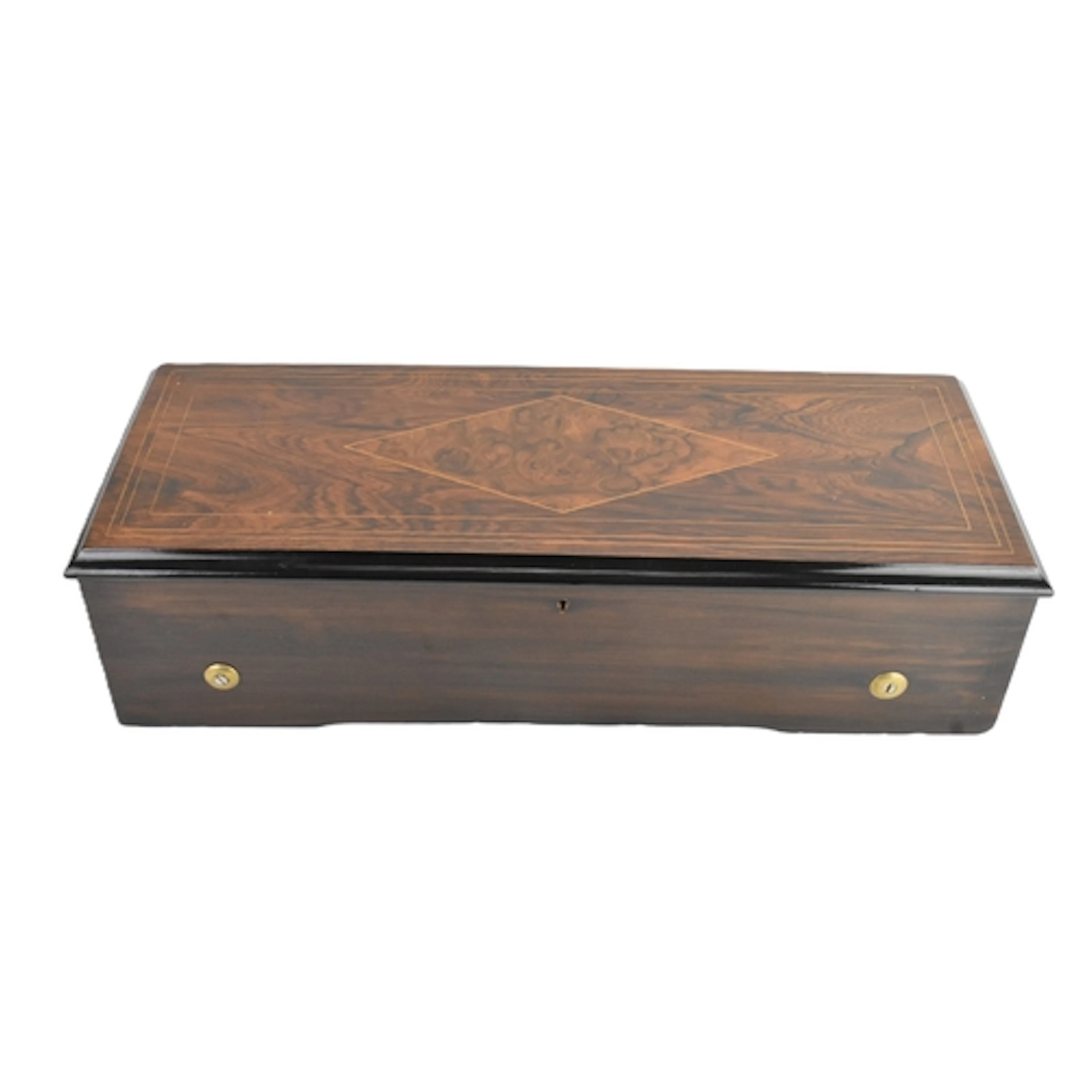 A late 19th century musical box, the veneered case with stri...