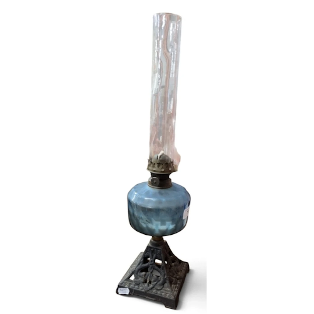 A late 19th Century single burner kerosene Table Lamp with a...