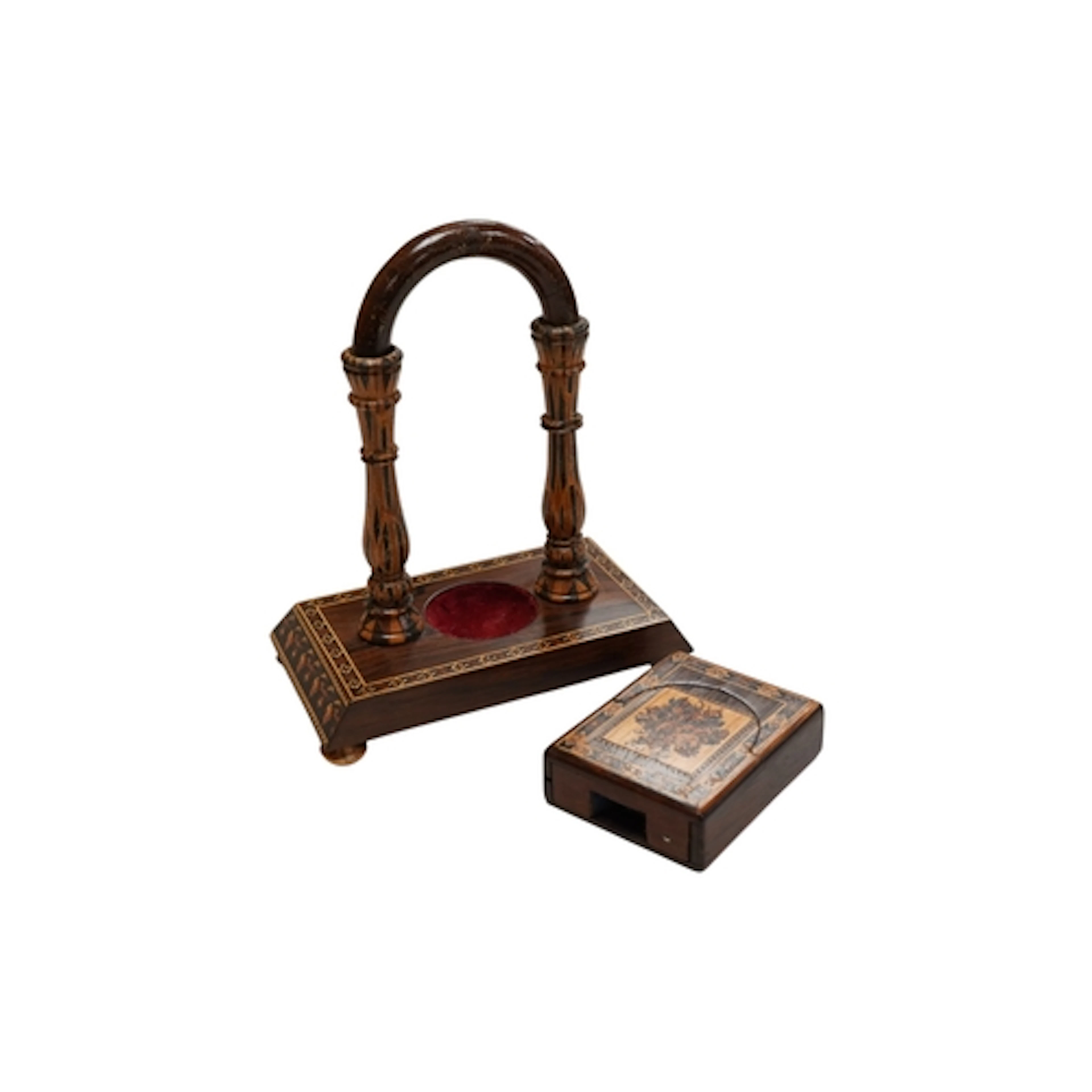 A Tunbridgeware pocket watch stand and another, smaller exam...