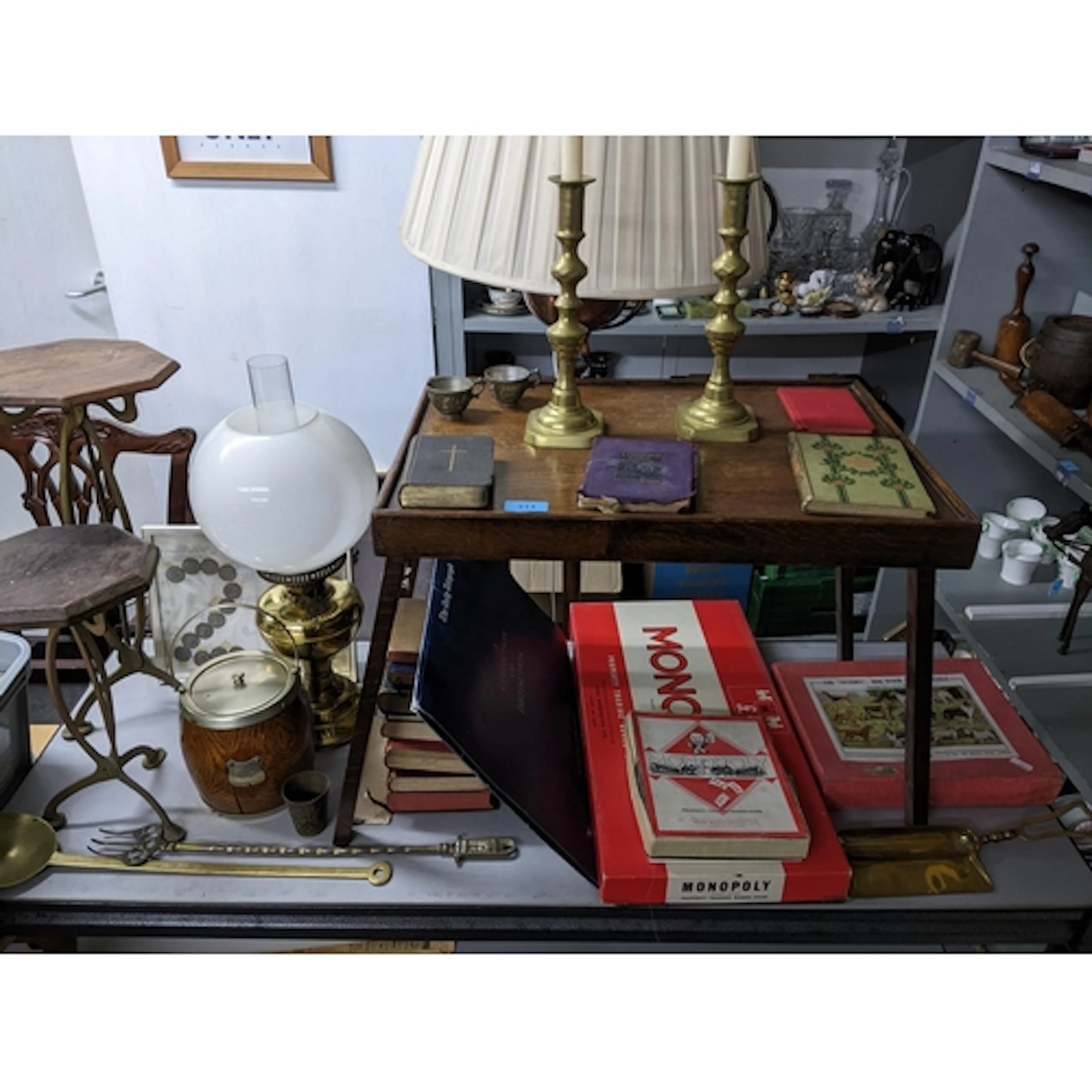 A mixed lot to include two brass framed tables with octagona...