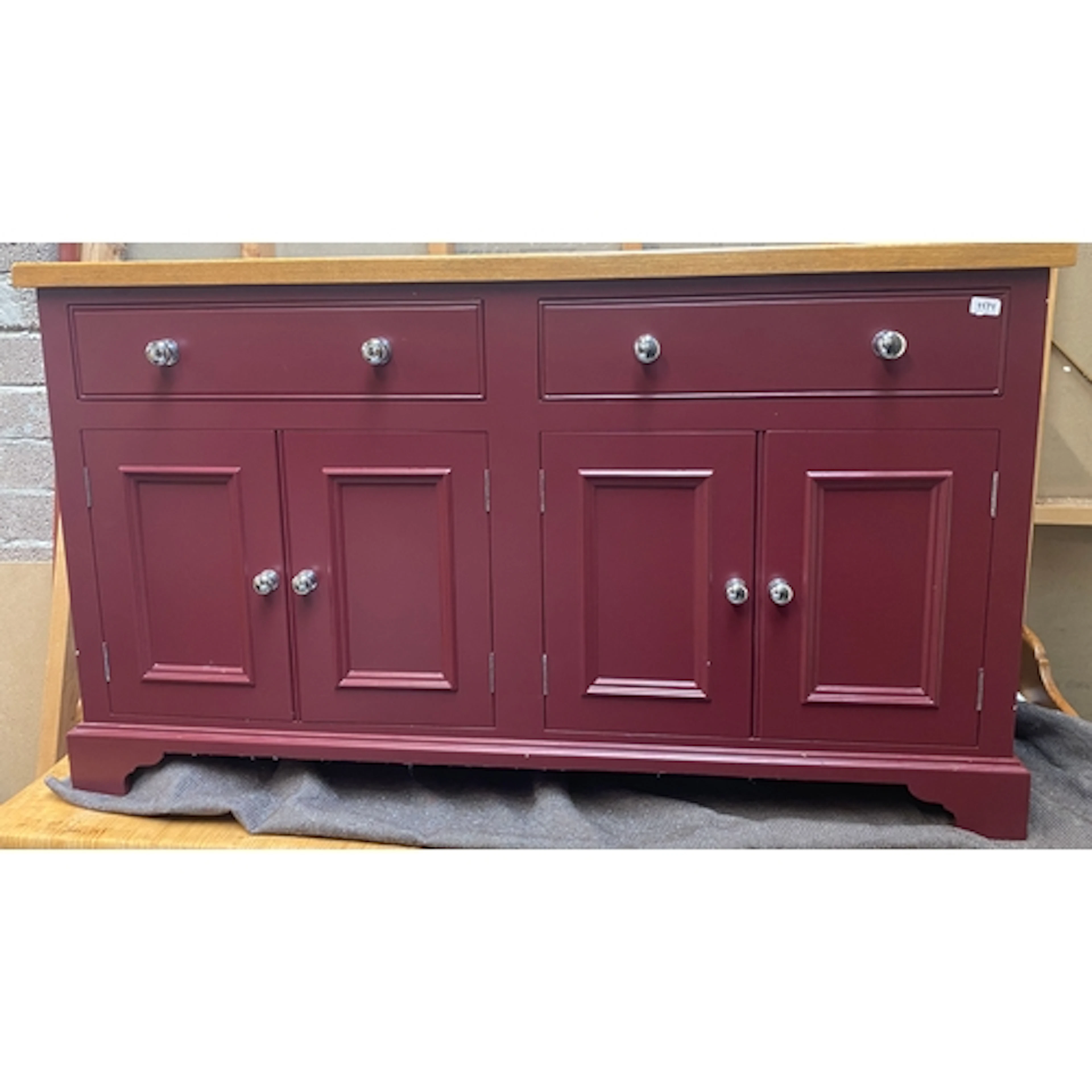 A large oak topped purple painted kitchen sideboard, 154x51x...
