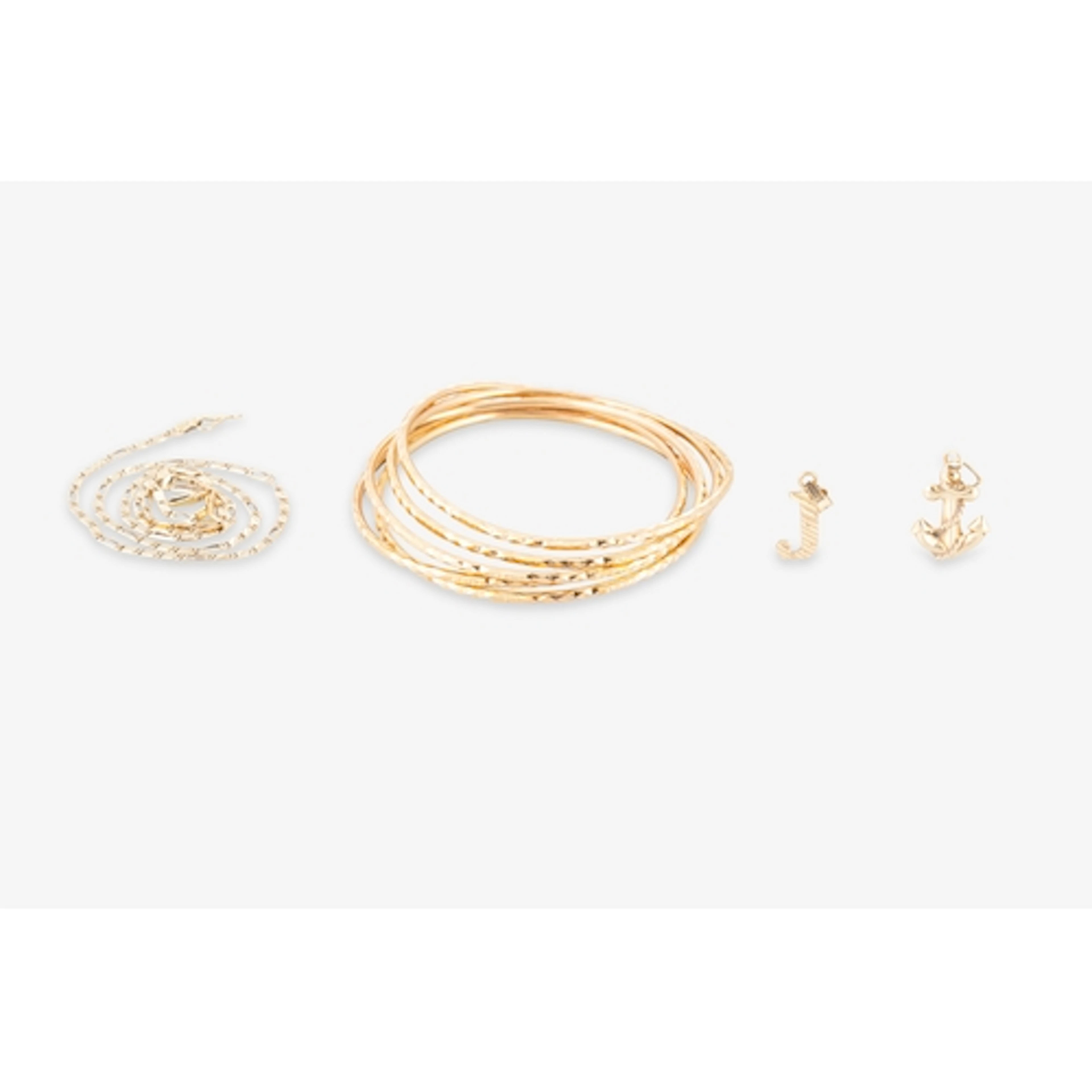 A COLLECTION OF GOLD JEWELLERY, 5 x baby bangles and a chain...
