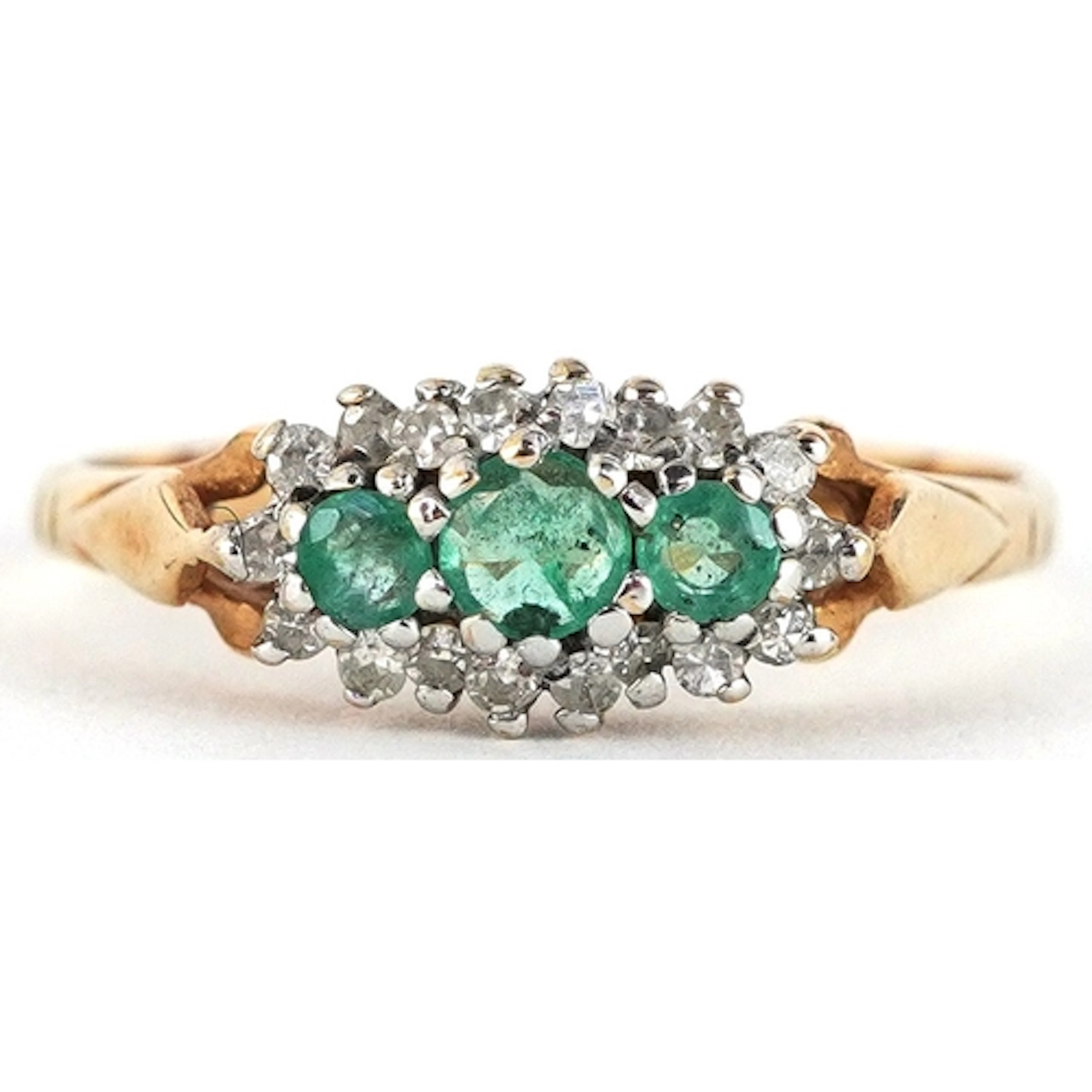 9ct gold diamond and green stone cluster ring, size K, 1.5g.