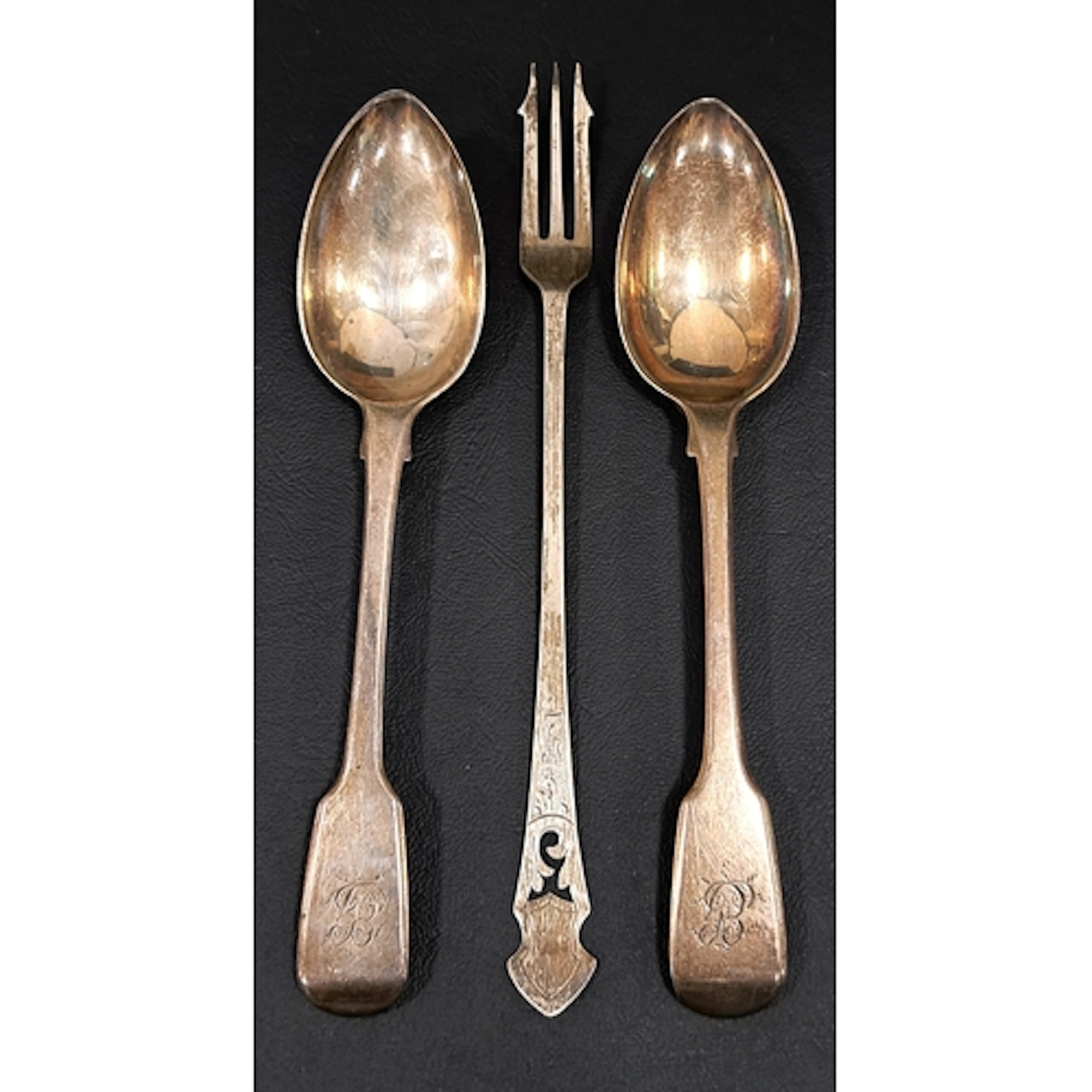 PAIR OF GEORGE III SILVER SPOONS with engraved monograms to ...