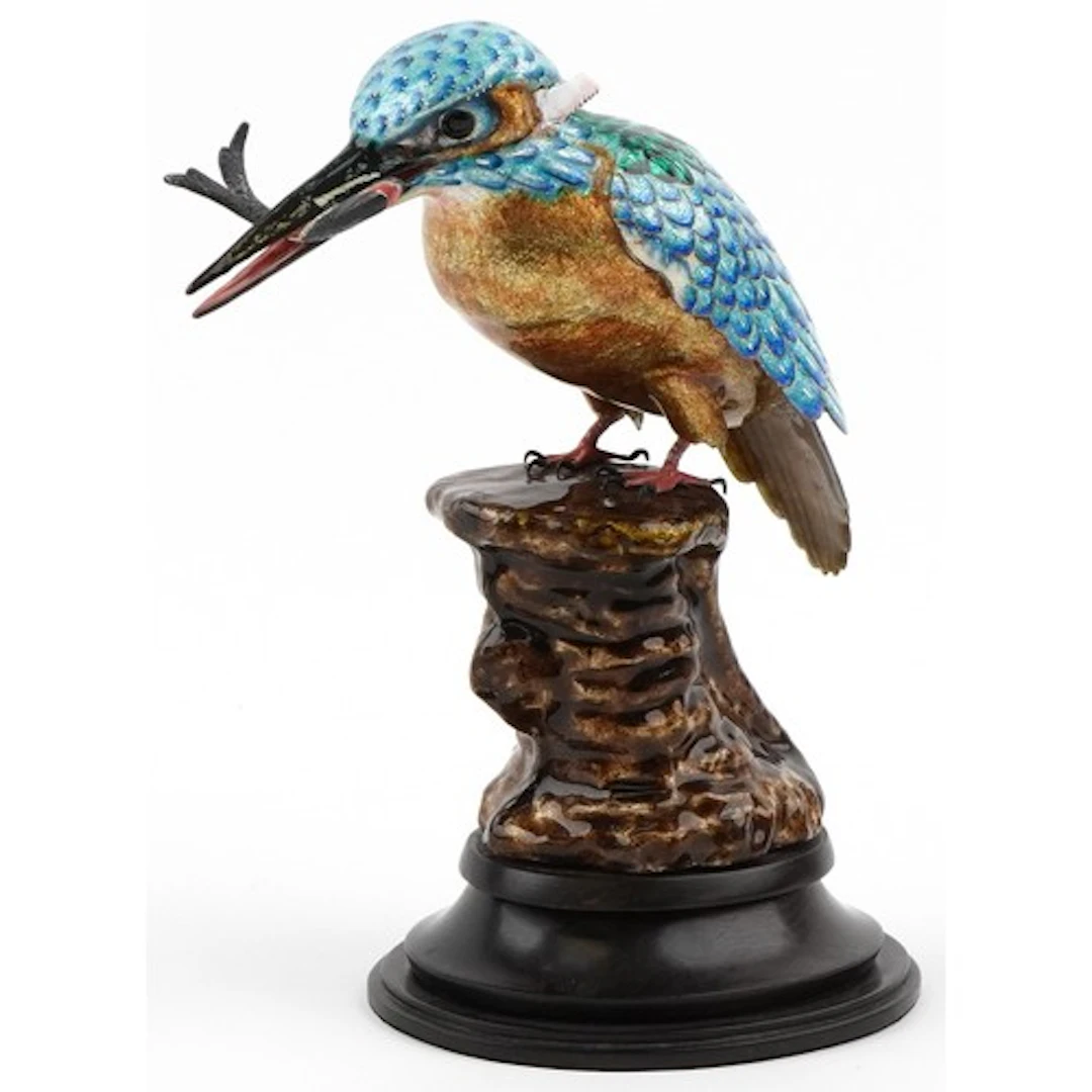20th century guilloche enamel study of a kingfisher raised o...
