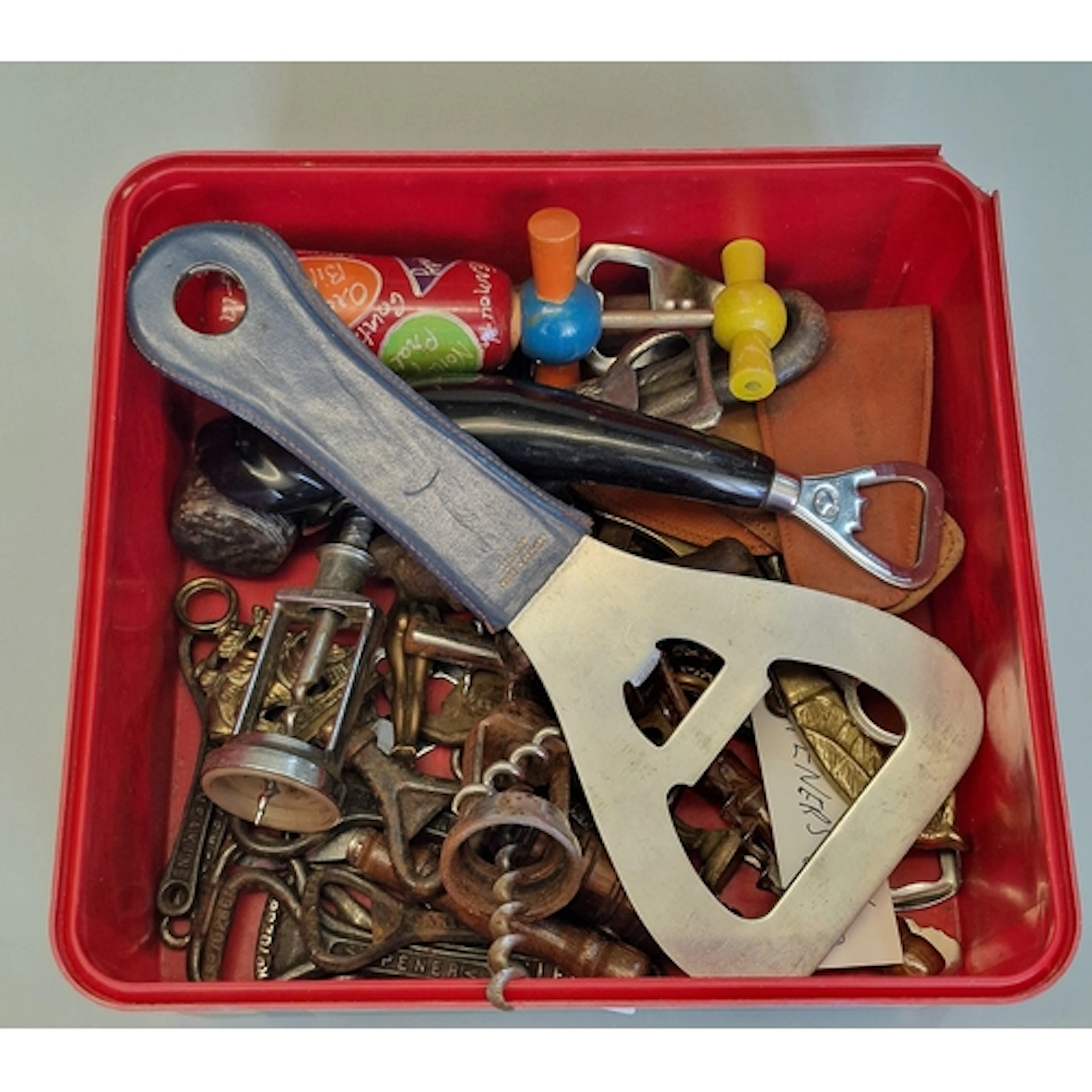 Plastic tub of assorted novelty and other corkscrews and bot...
