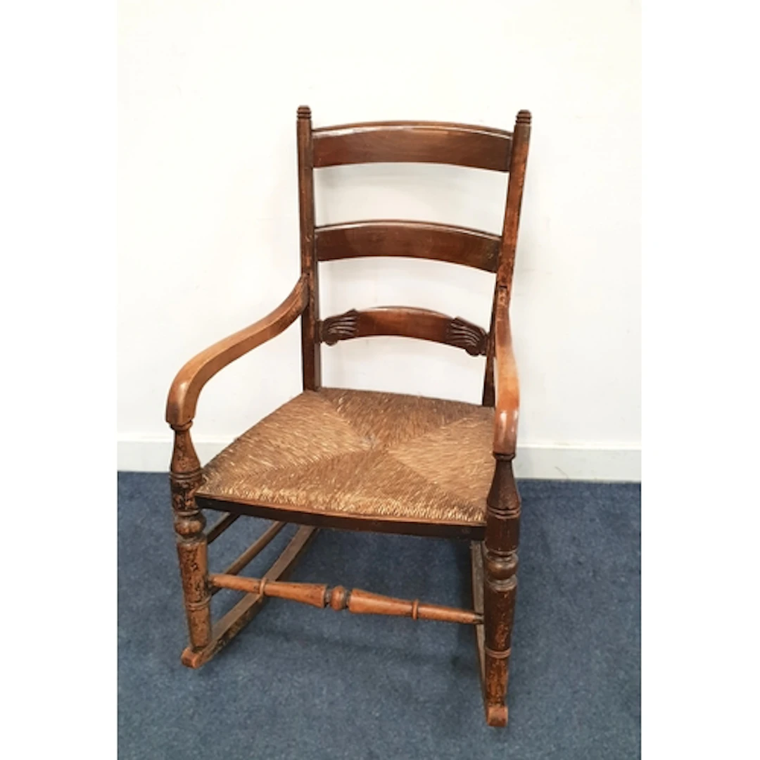 MID 19th CENTURY LADDER-BACK ELM ROCKING CHAIR the three-sla...
