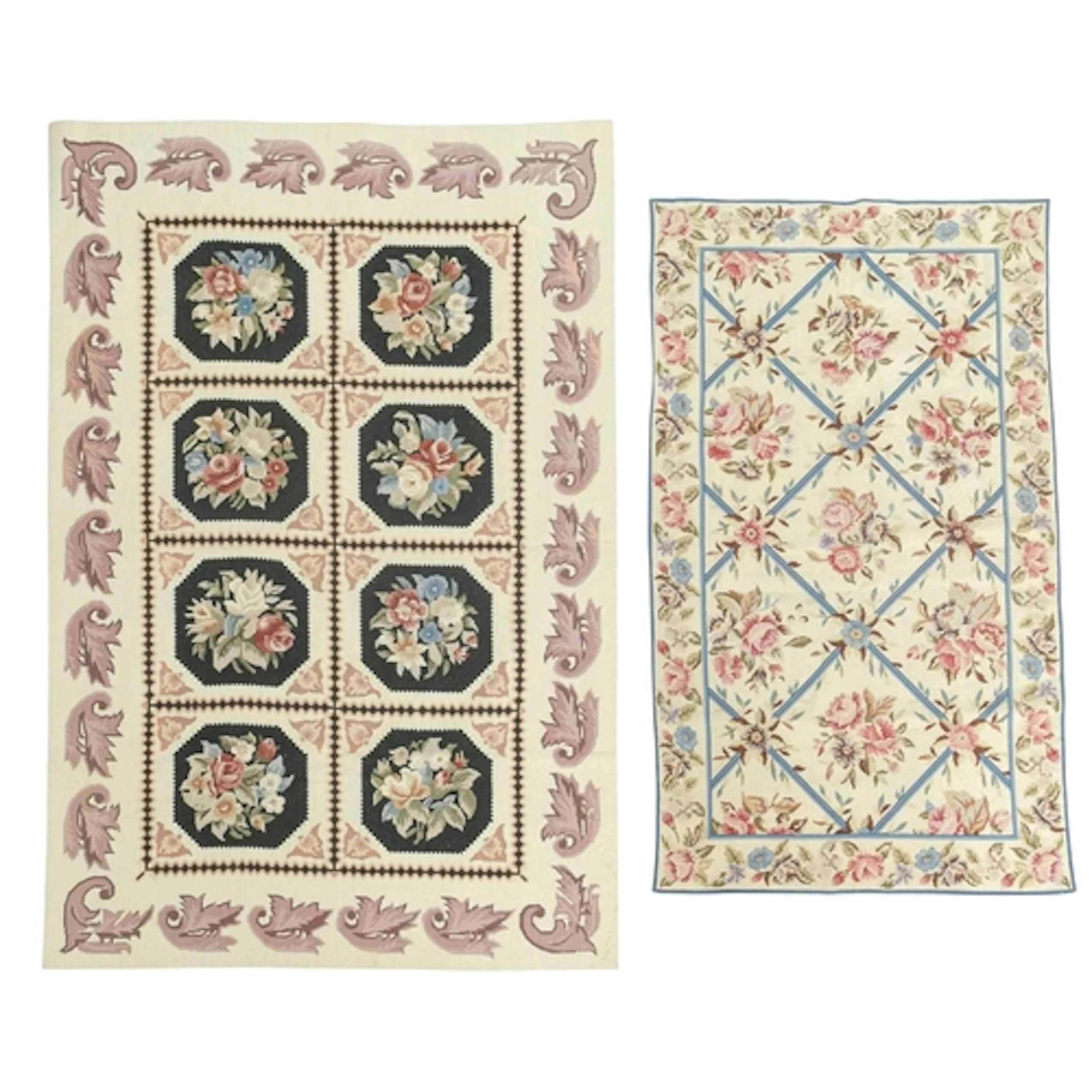 Two floral needlepoint wool rugs. A Kayan needlepoint rug fe...