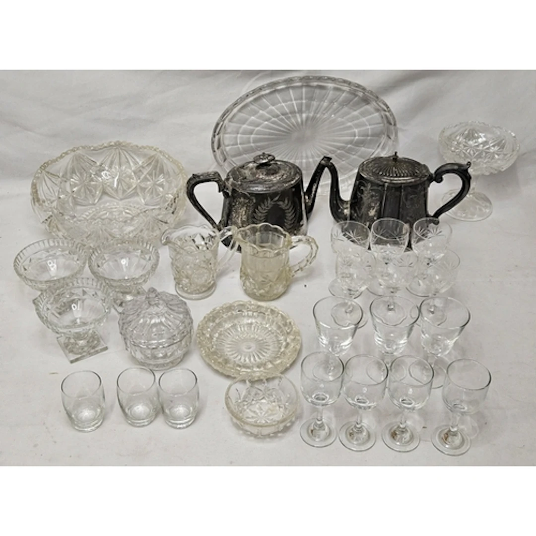 Distressed Silver Plated Teapots, large circular cut glass t...