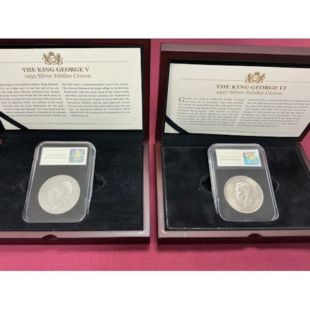 Two Cased GB Silver Crowns, 1935 George V and a 1937 George ...