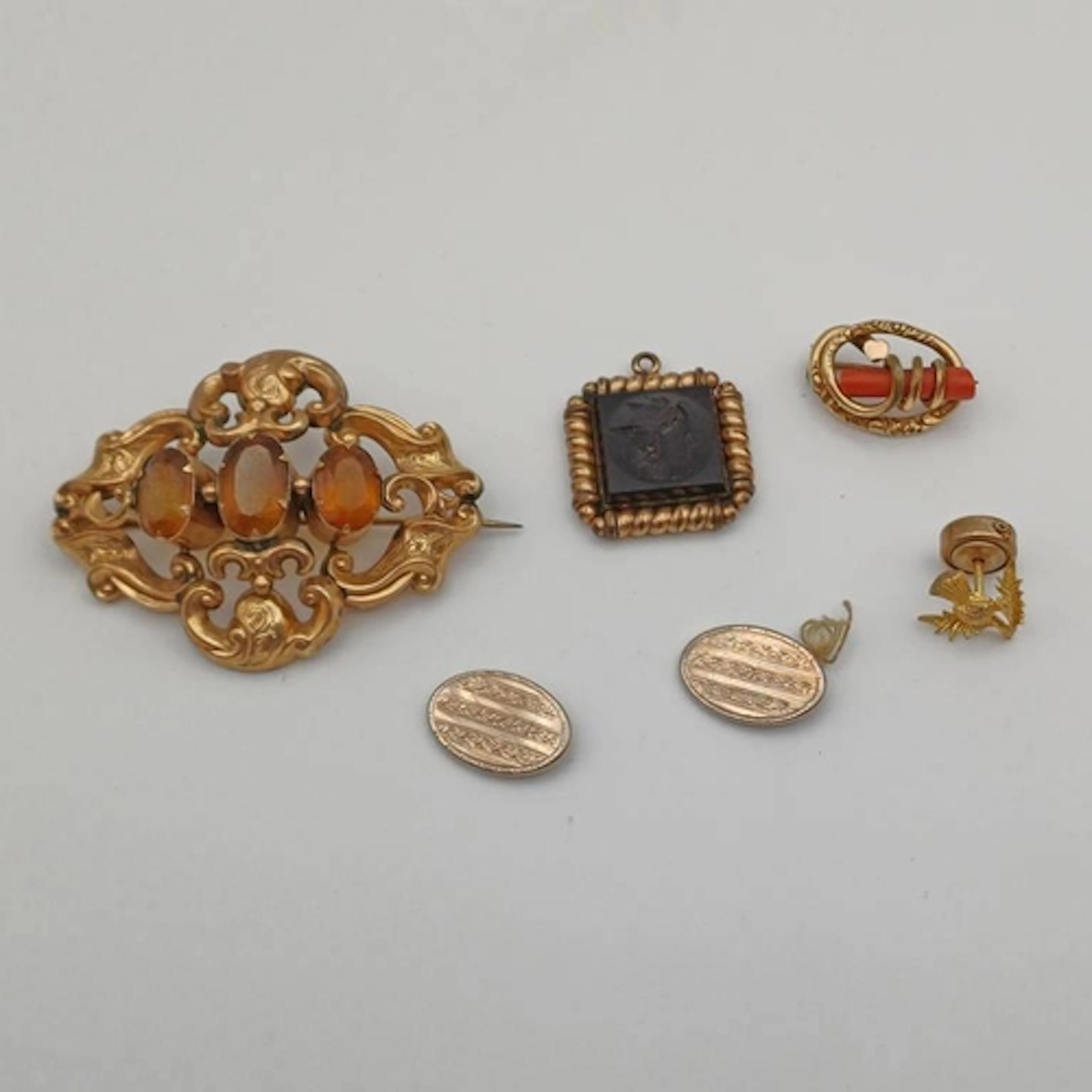 VICTORIAN SCROLL WORK BROOCH, VICTORIAN CORAL BROOCH, INTAGL...