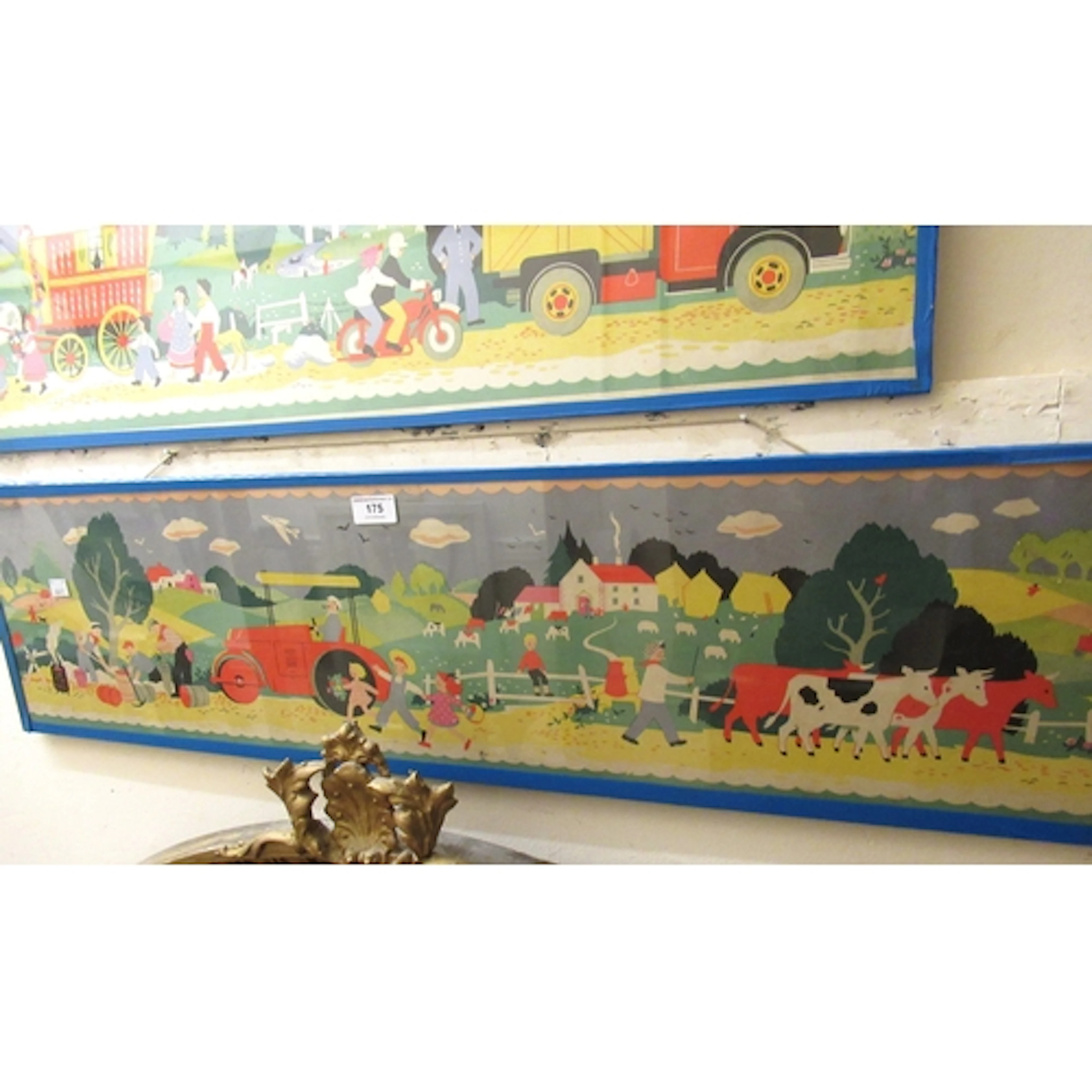 Group of three colourful childrens woodblock print posters o...