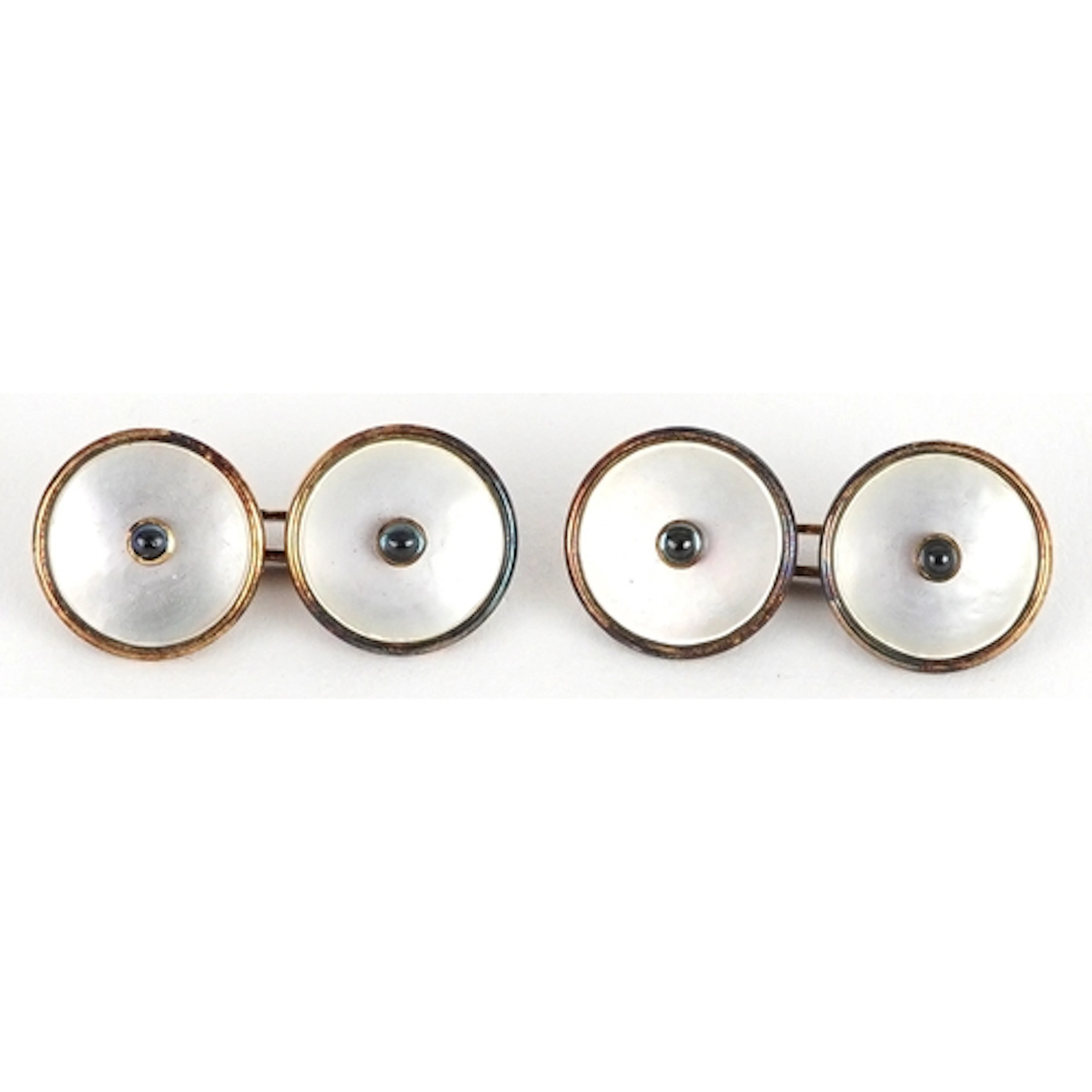Pair of antique 14ct gold mother of pearl and sapphire cuffl...