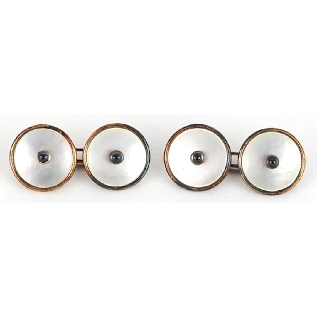 Pair of antique 14ct gold mother of pearl and sapphire cuffl...