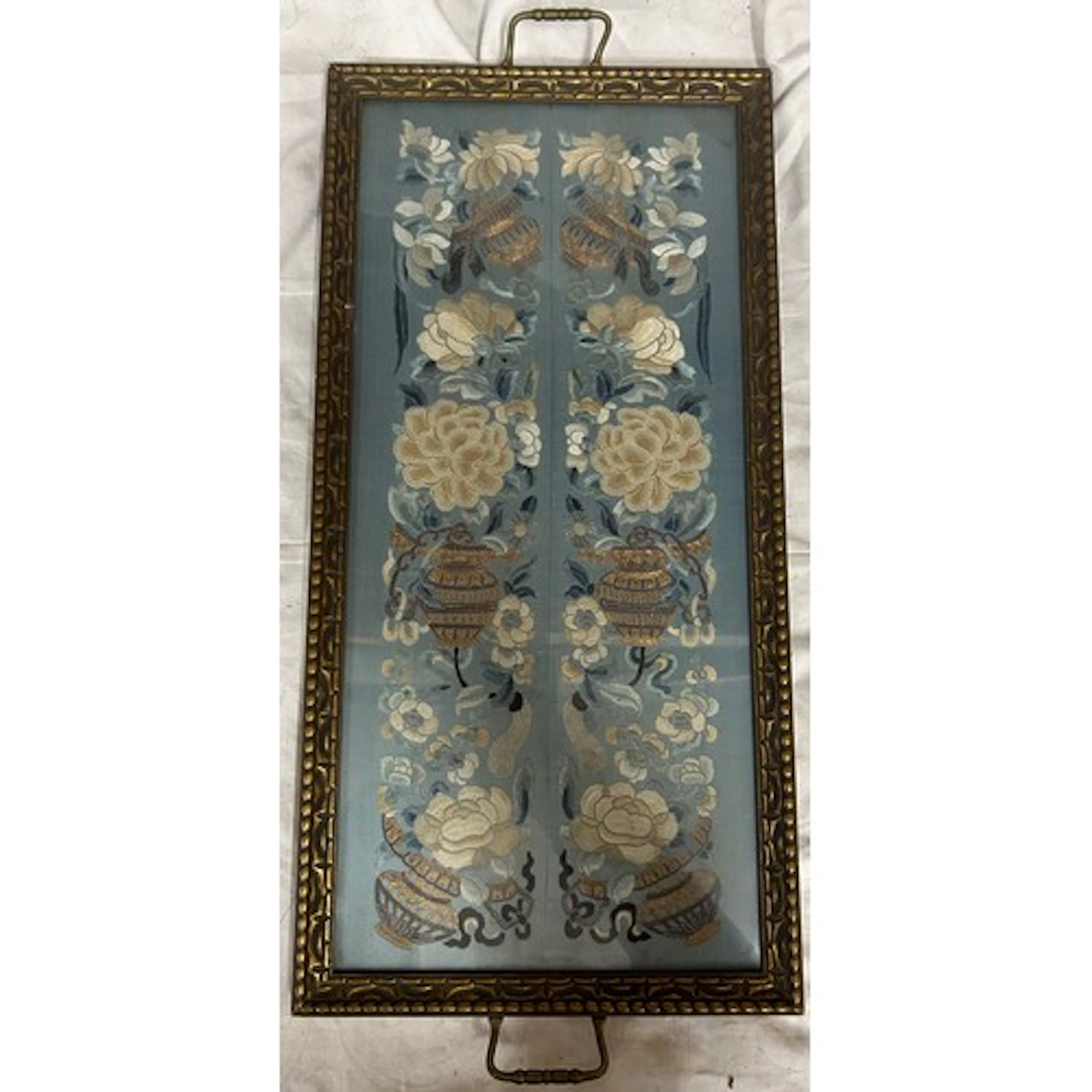 A rectangular vintage metal tray with 19thC silk embroidered...