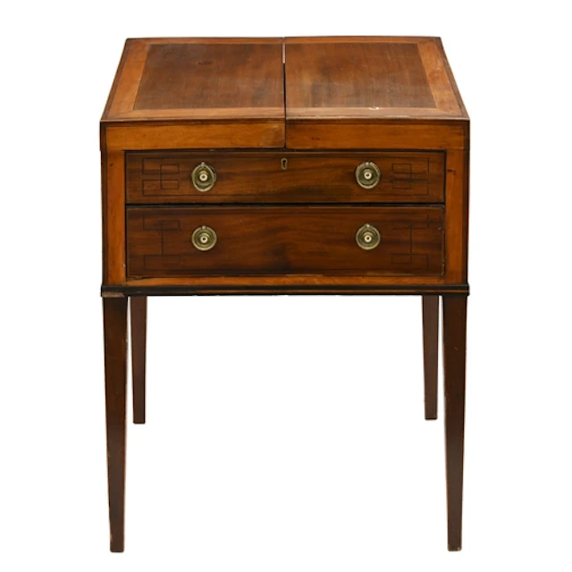 A George III mahogany, satinwood and line inlaid enclosed ge...
