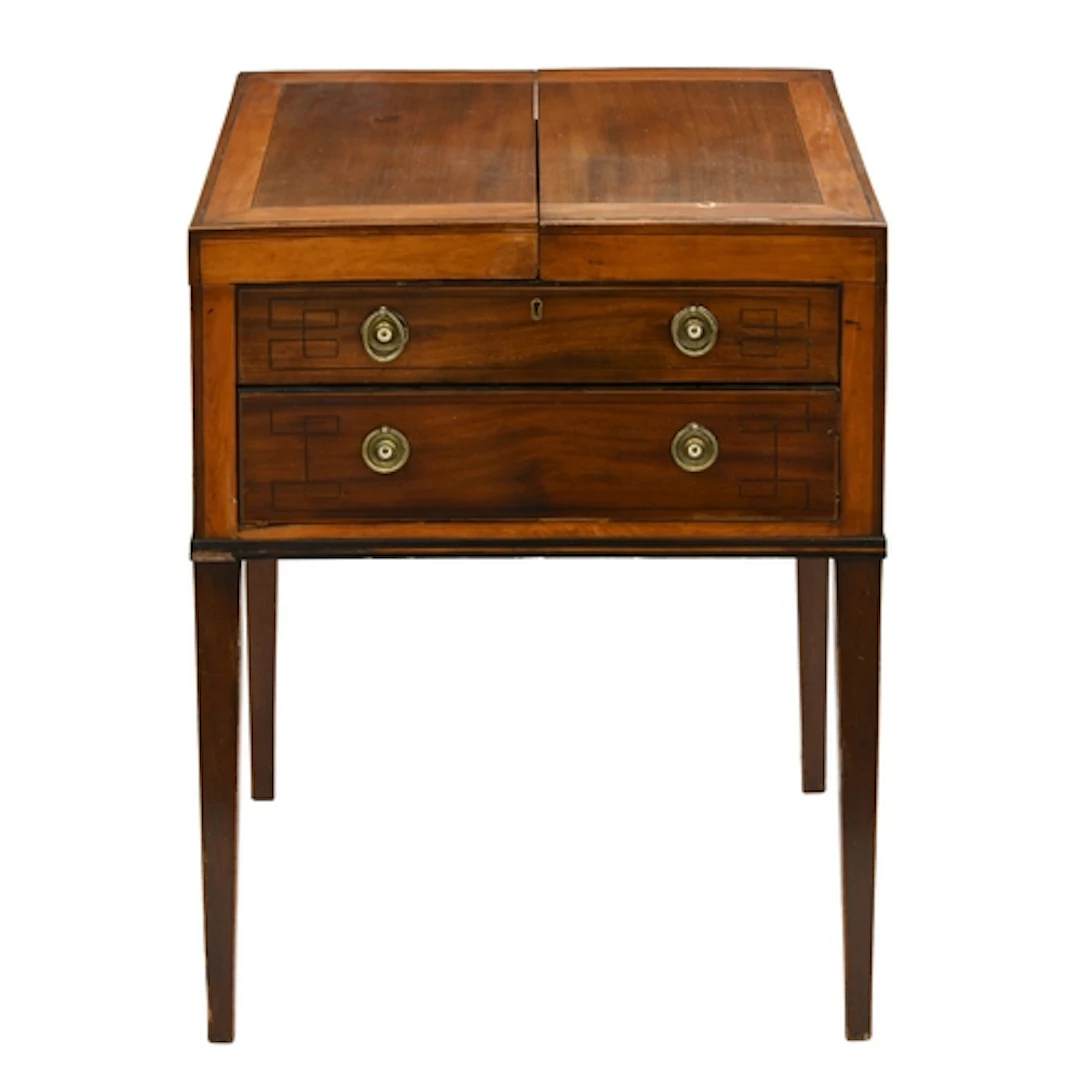 A George III mahogany, satinwood and line inlaid enclosed ge...