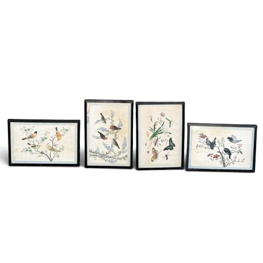 FOUR CHINESE PITH PAINTINGS ON RICE PAPER Depicting birds, b...