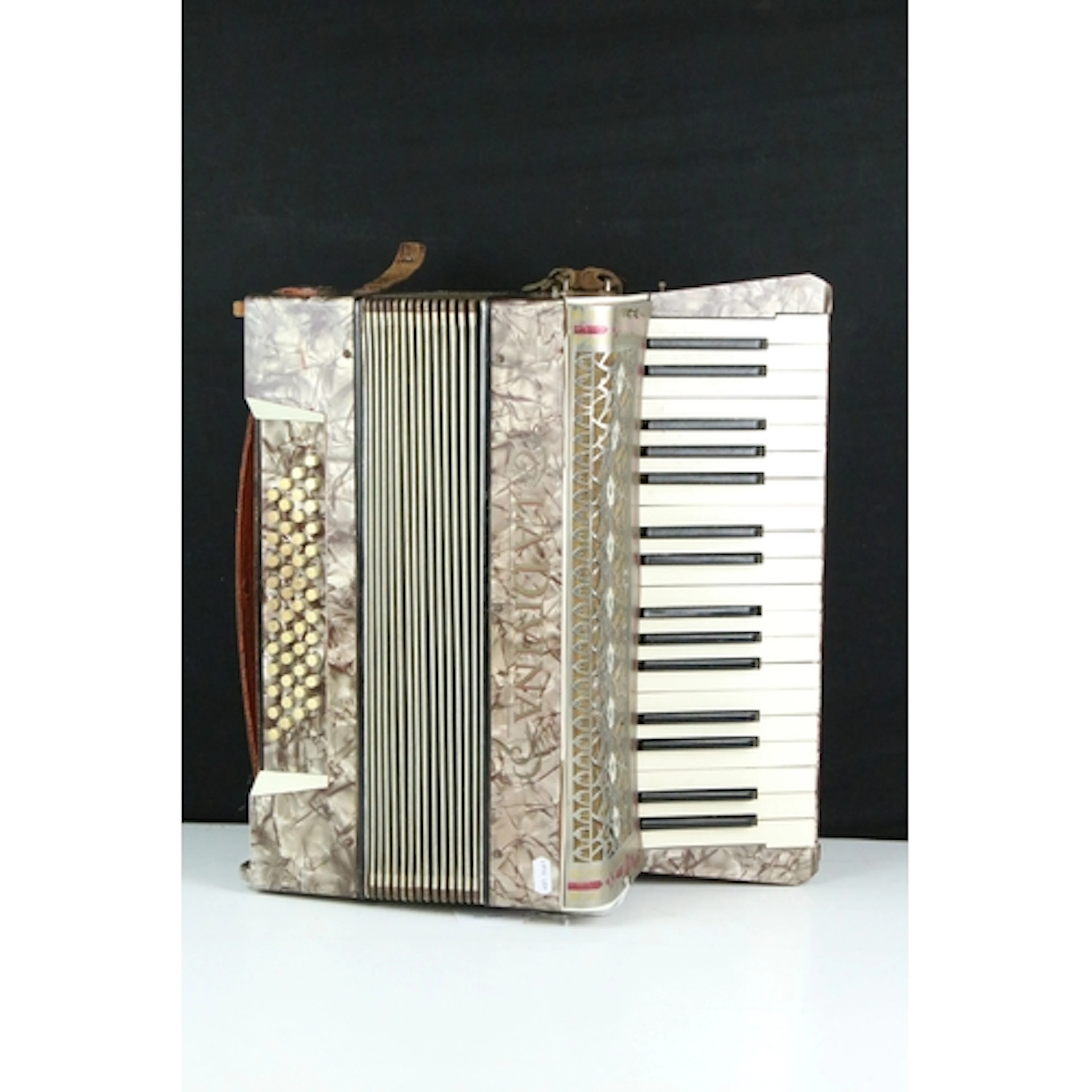La Divina piano accordion with floral decoration and leather...