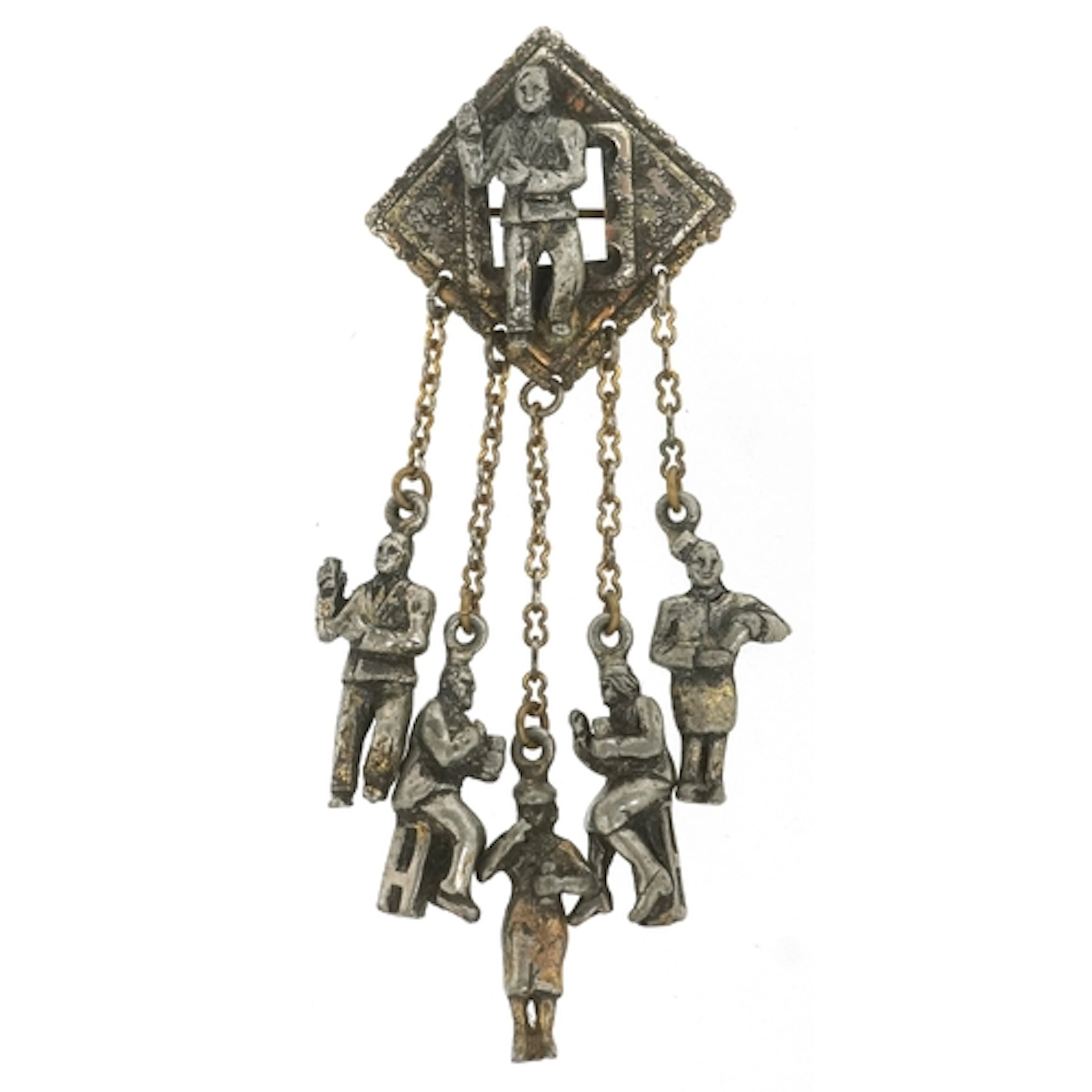 Vintage white metal dangling brooch in the form of figures a...