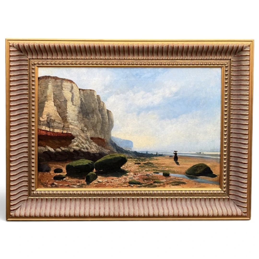 19TH CENTURY SCHOOL: BEACH SCENE WITH FIGURE WALKING Oil on ...