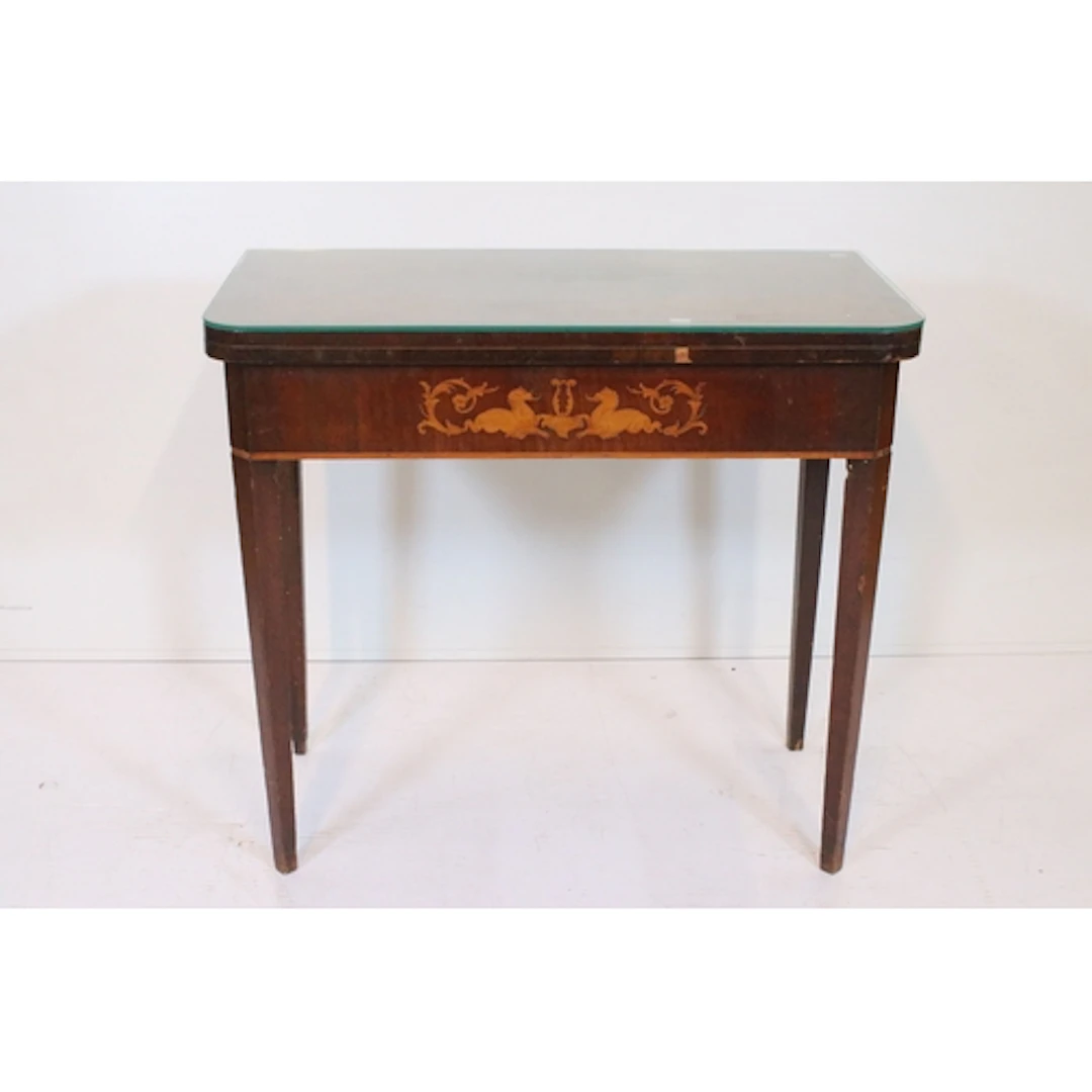 19th century mahogany card table, having inlay border to top...