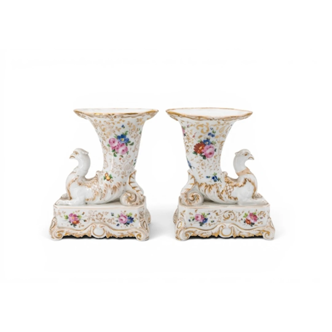 PAIR OF 'PARIS' CORNOCOPIA PORCELAIN VASES with griffin term...