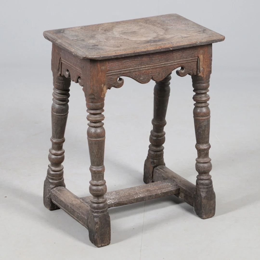 A RARE 17TH CENTURY OAK & ELM JOINT STOOL. of four peg const...