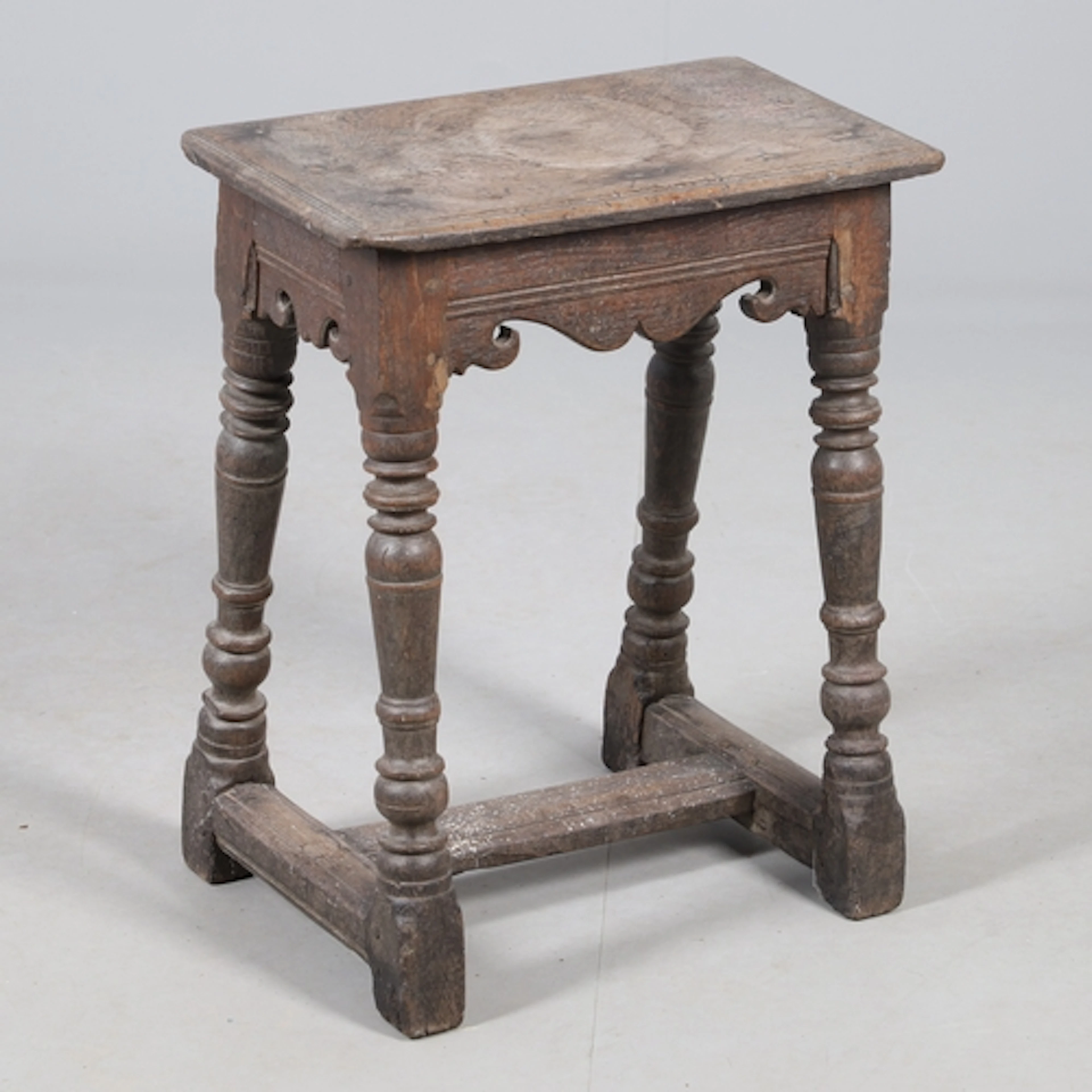 A RARE 17TH CENTURY OAK & ELM JOINT STOOL. of four peg const...