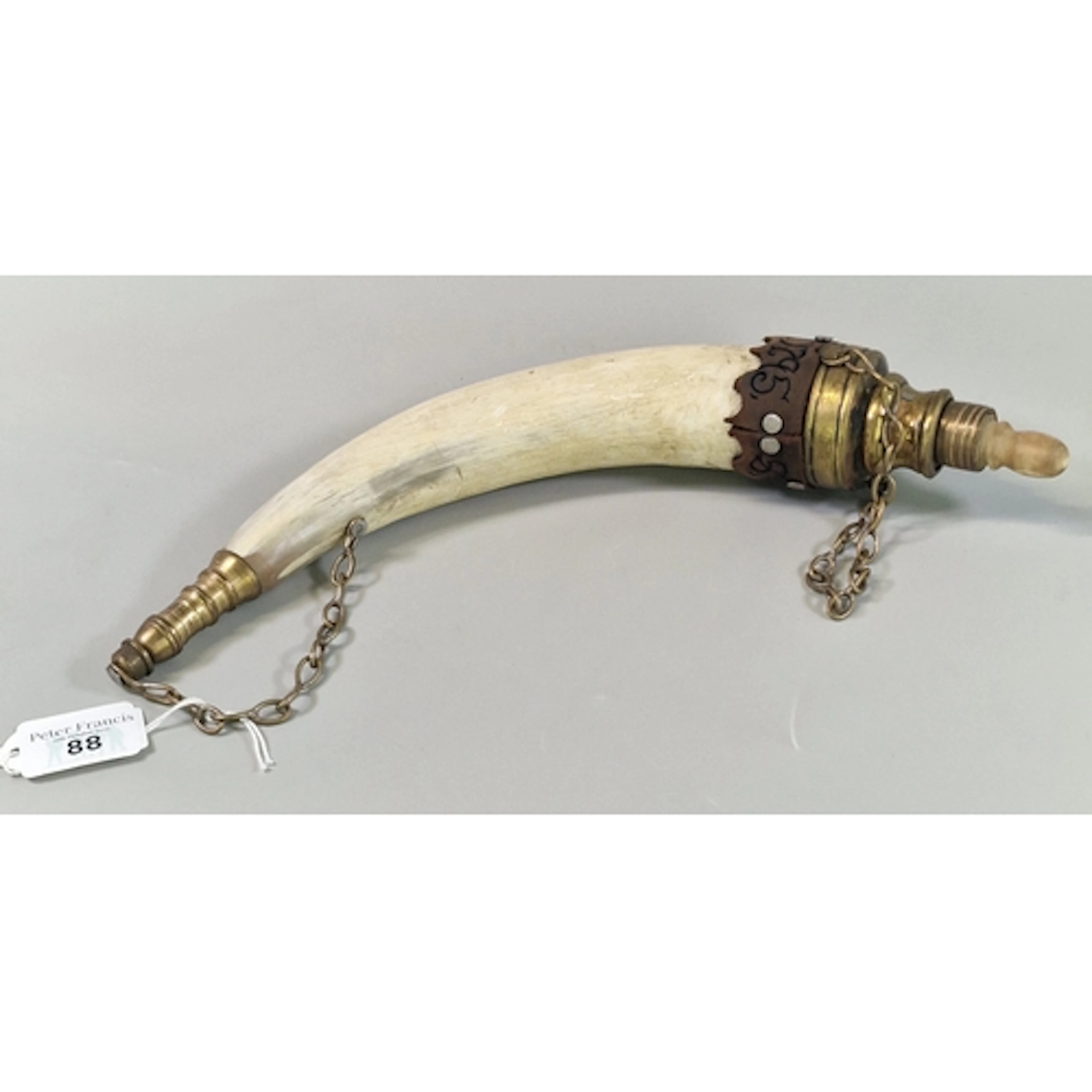 Unique custom-made Steampunk-style horn powder flask with br...