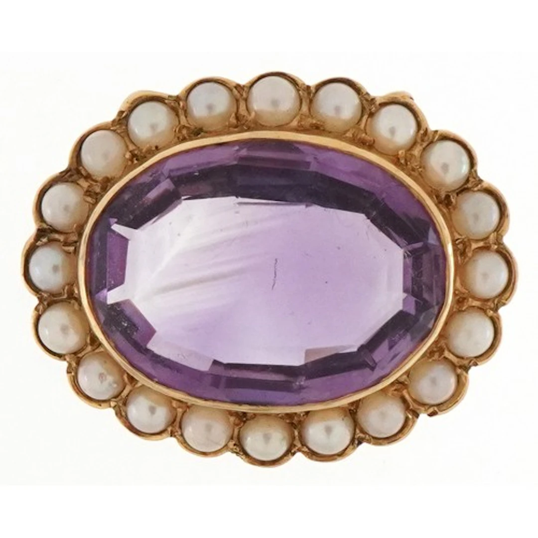 9ct gold amethyst and seed pearl cluster brooch, 2.7cm wide,...