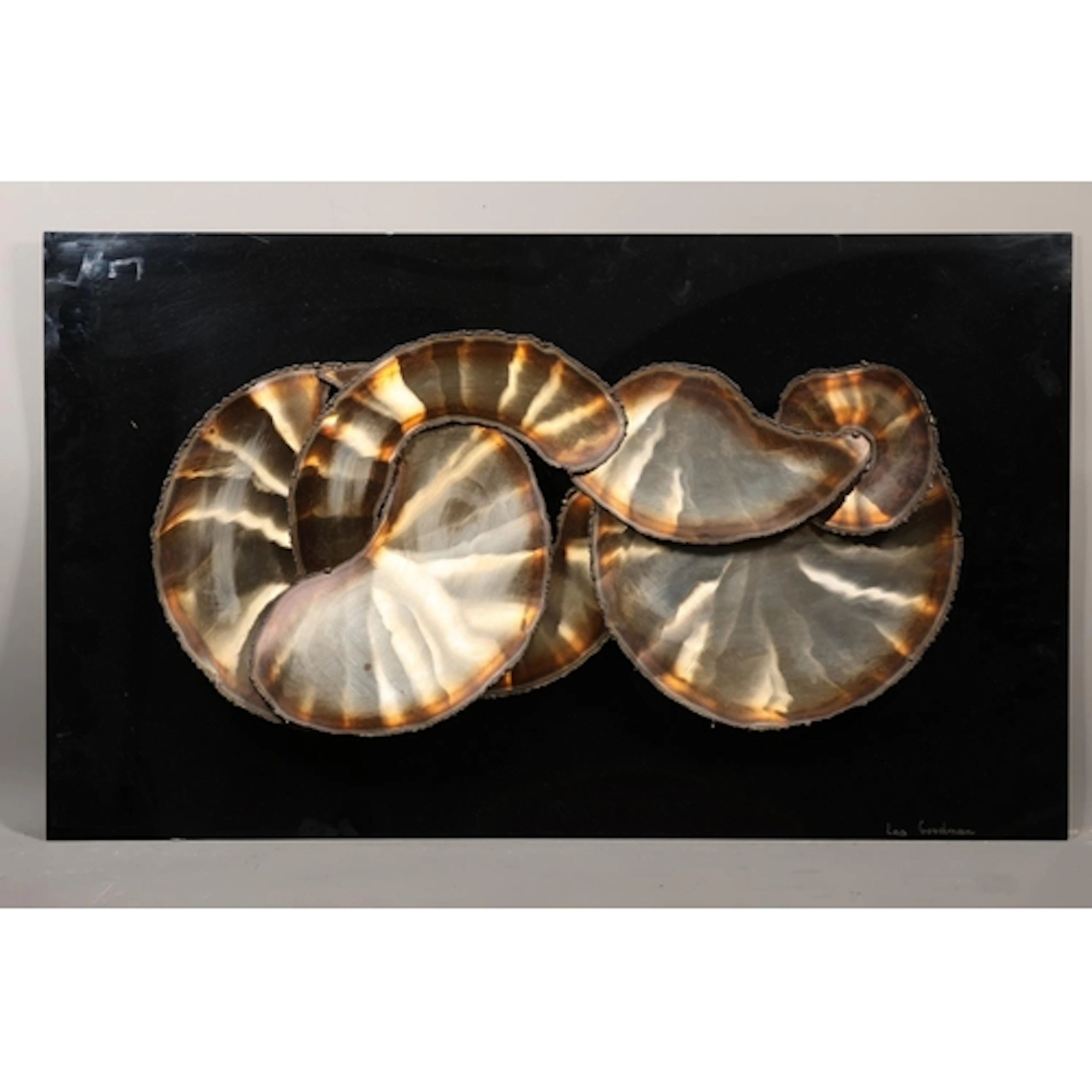 LEA GOODMAN, brushed metal wall art sculpture, 48cm x 81cm.&...