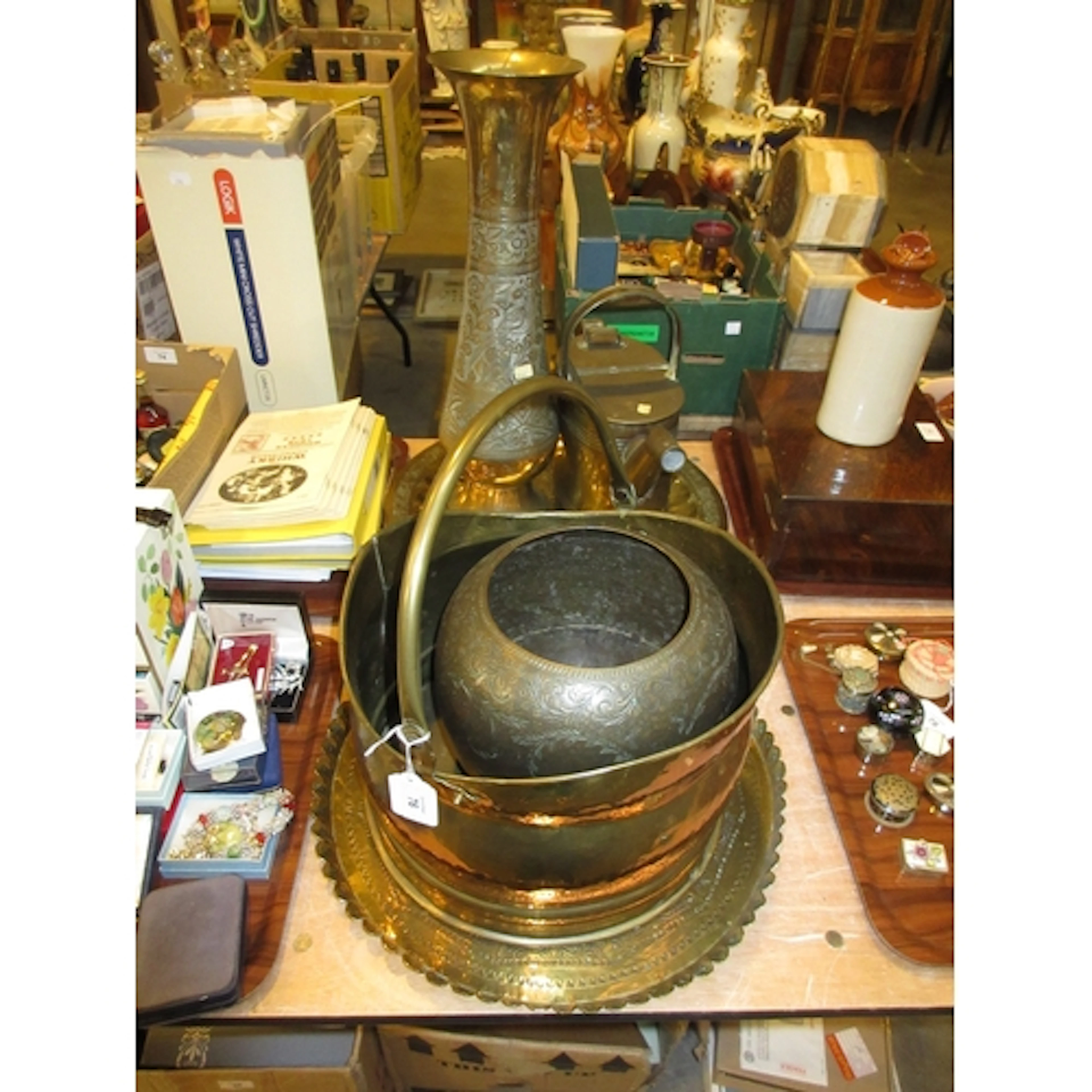 Two Middle Eastern Brass Trays and 2 Vases, Brass Coal Bucke...
