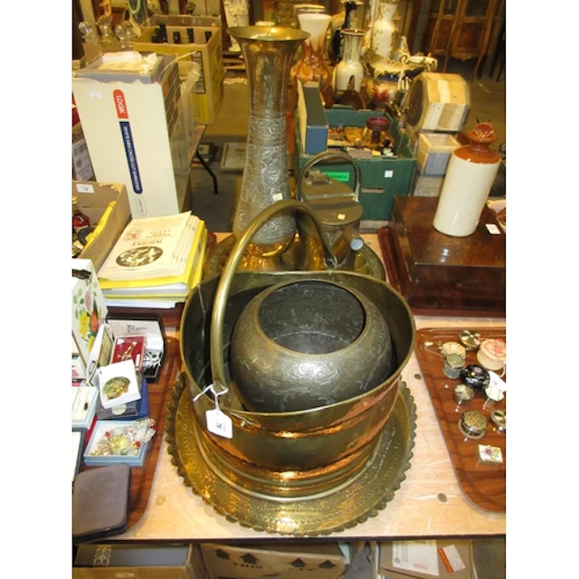 Two Middle Eastern Brass Trays and 2 Vases, Brass Coal Bucke...
