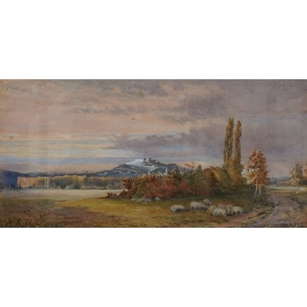 Lennox Browne (1841-1902), landscape with sheep before a hil...