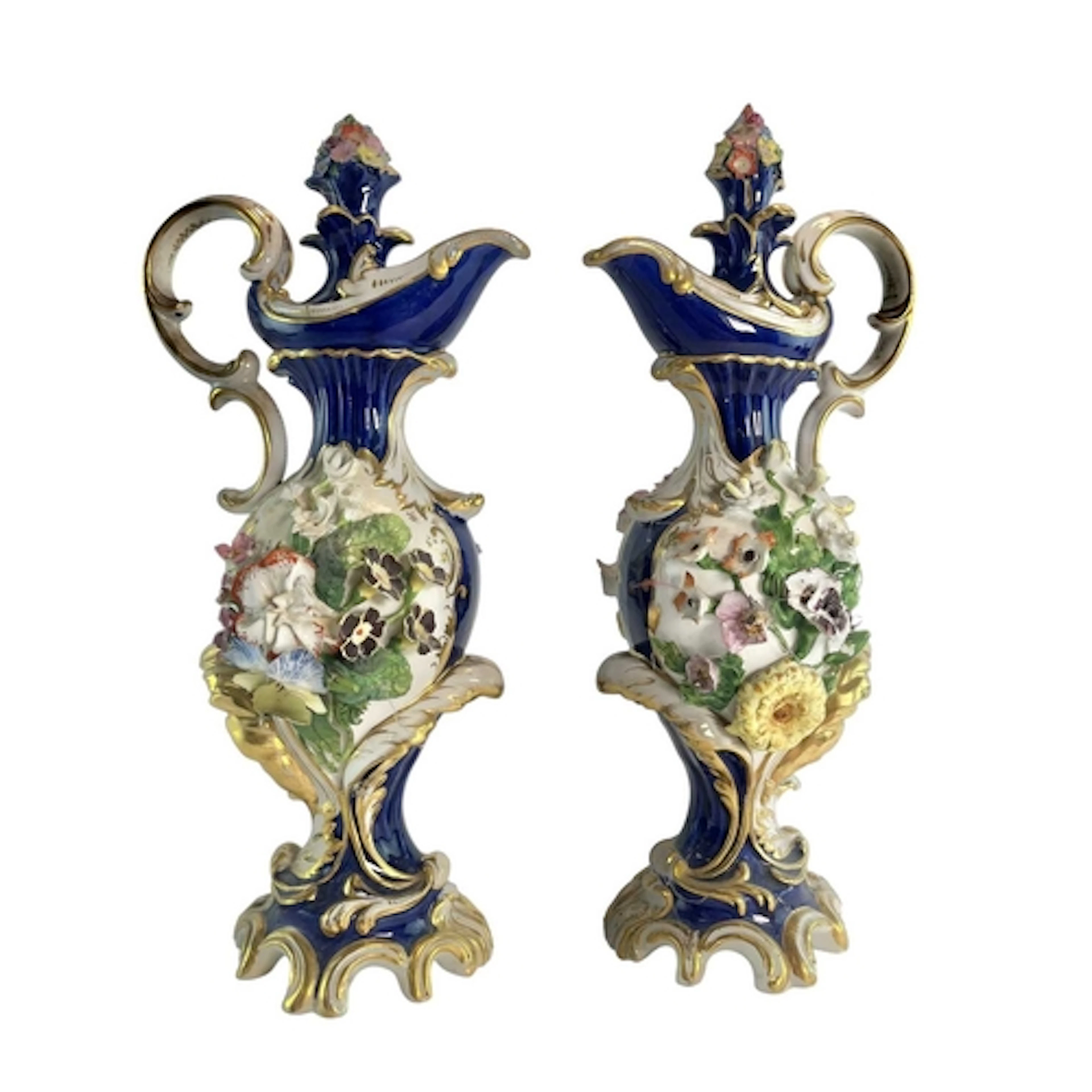 Pair of Derby 19th century hand painted porcelain floral ewe...