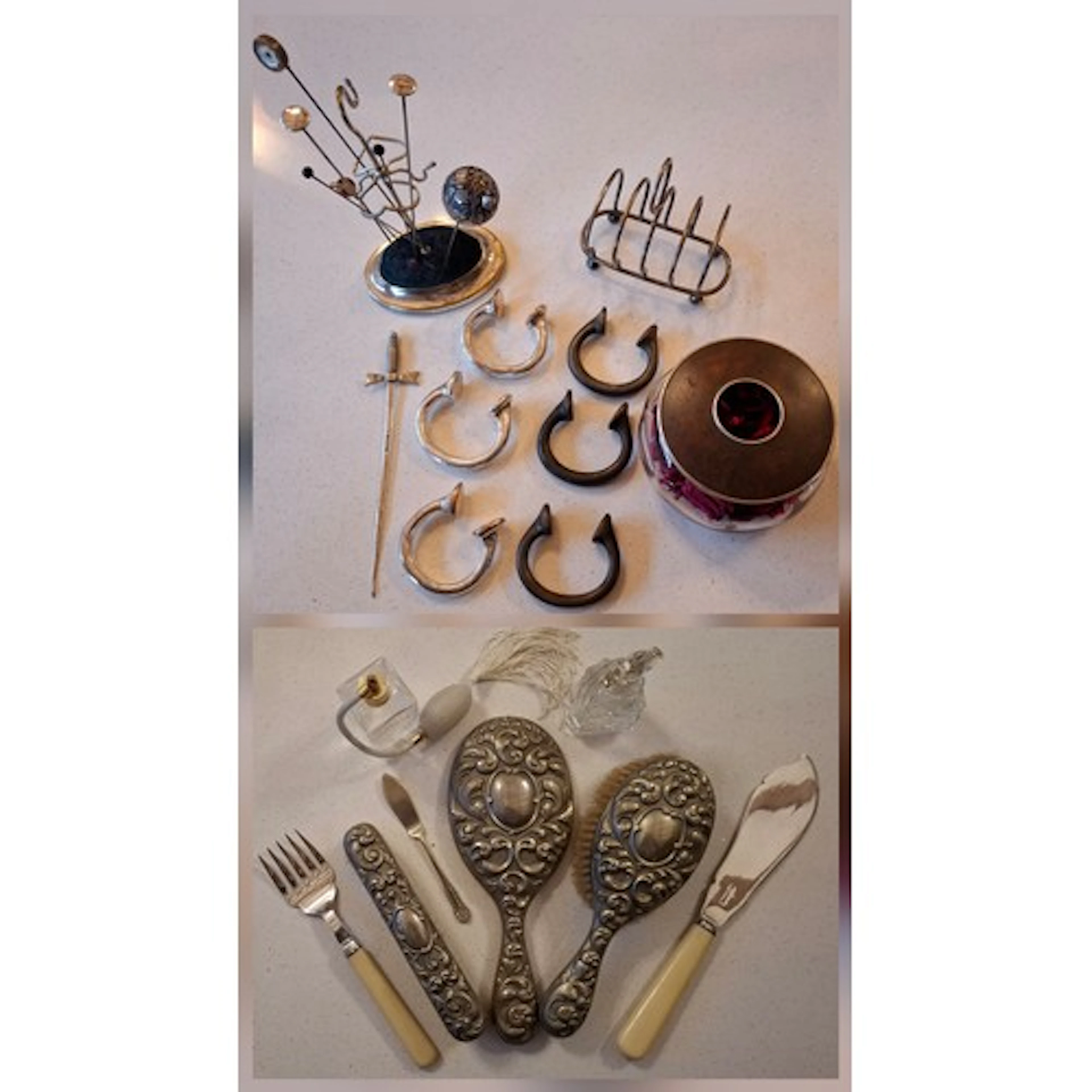 A silver plated hat pin stand, 7 hat pins, a silver plated t...
