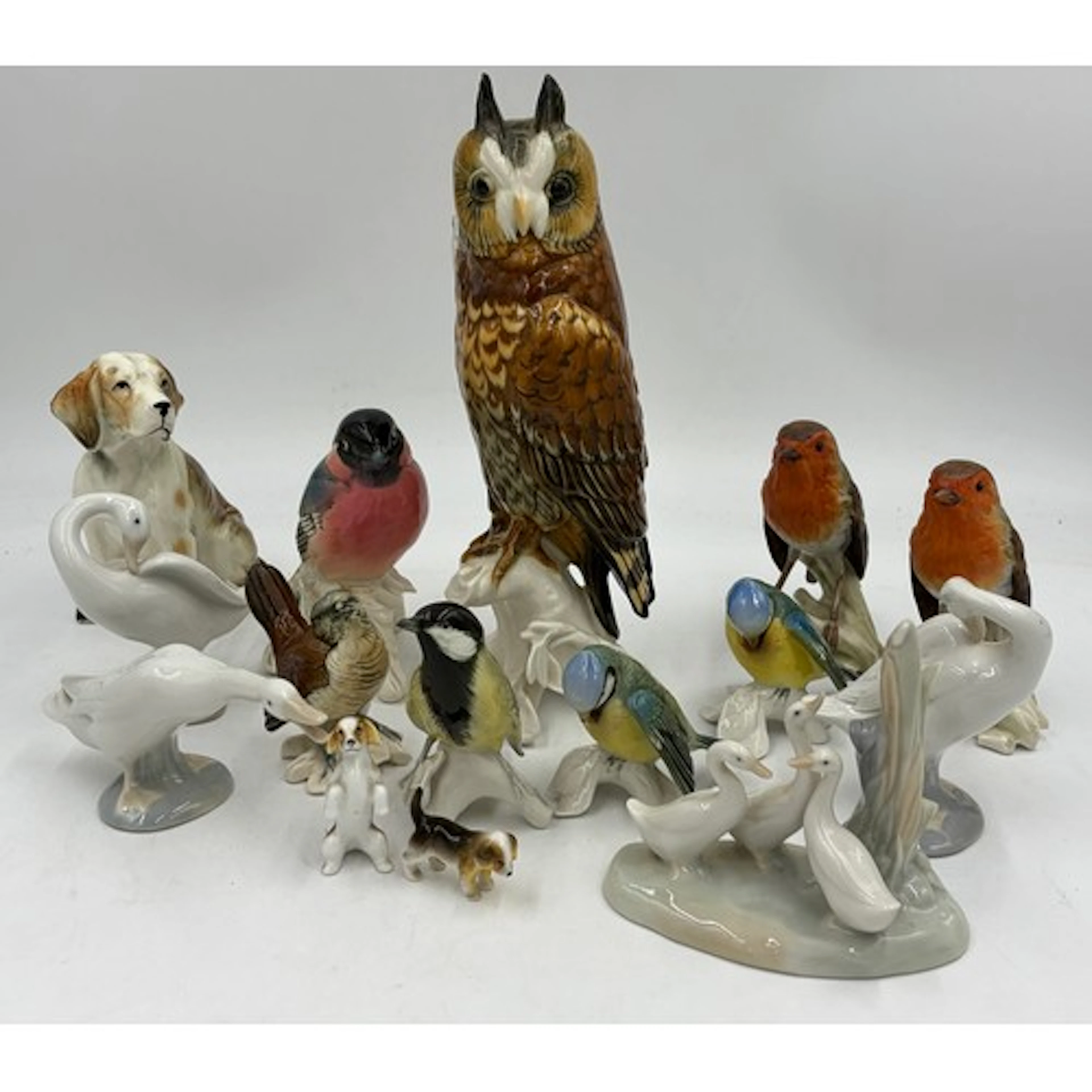 Collection of ceramic birds to include Karl Ens Eagle Owl, B...