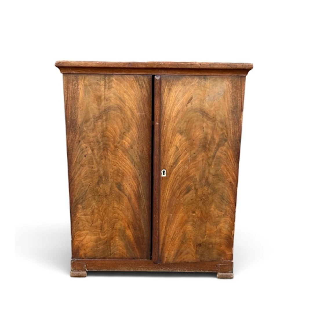 A MAHOGANY TABLE TOP CABINET, 19TH CENTURY Enclosed by a pai...