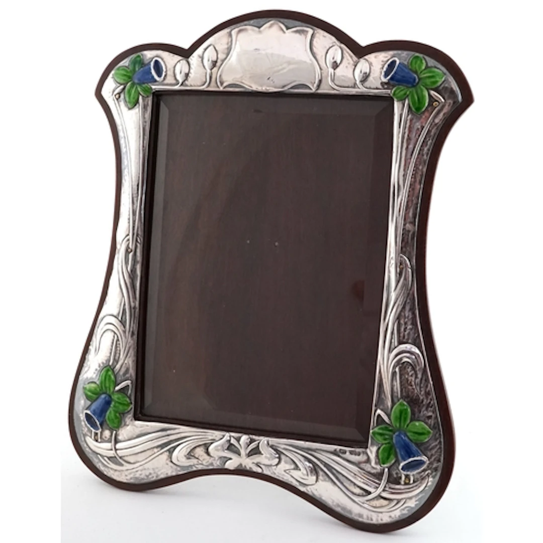 KF Ltd., large Art Nouveau style silver, enamel and oak ease...